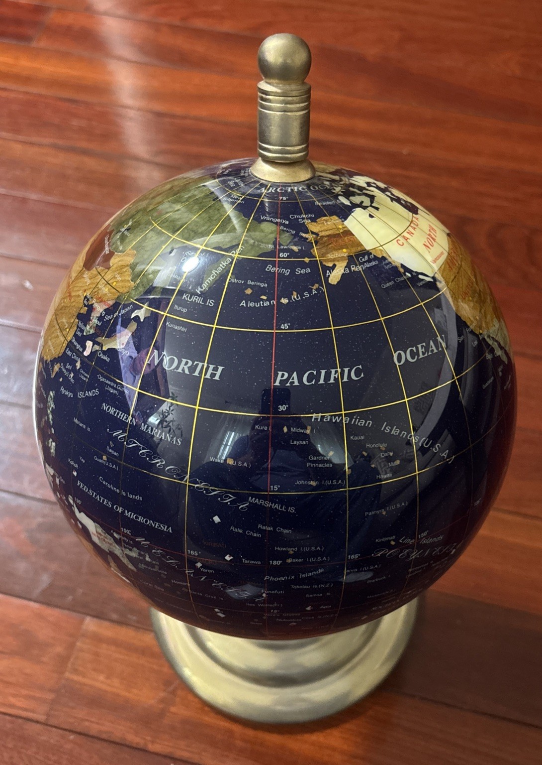 Globe Gemstone World Map Blue Lapis on Brass Stand 16 Inches 1990’s