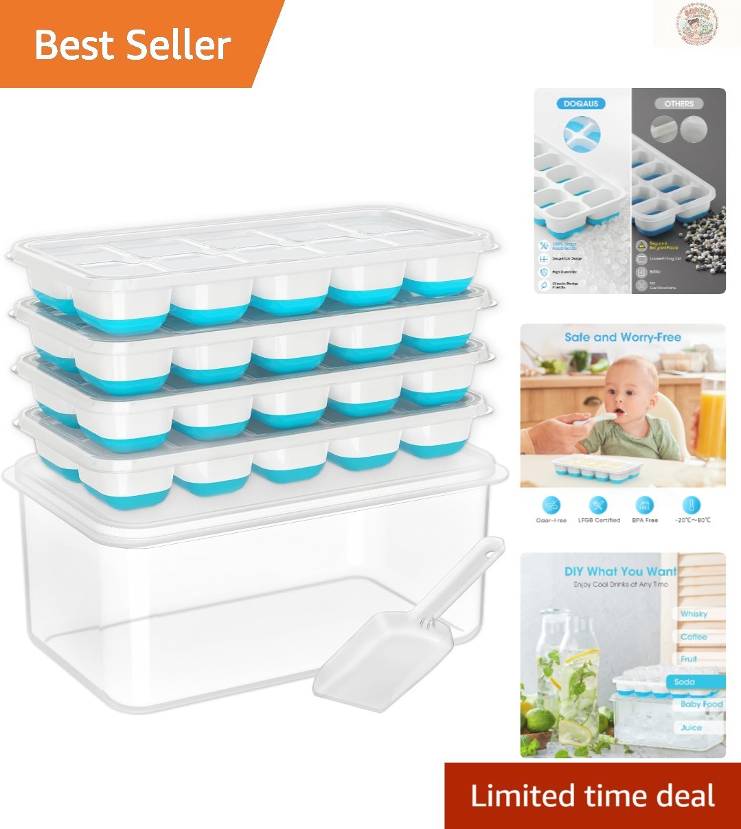 Ice Cube Tray with Lid and Bin,4 Pack Ice Cube Trays for Freezer | Silicone, ...