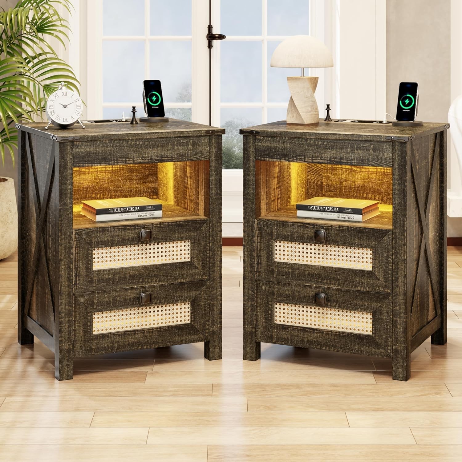 Night Stand Set 2 with Gun Der, Bedside Table with Charging Stat,