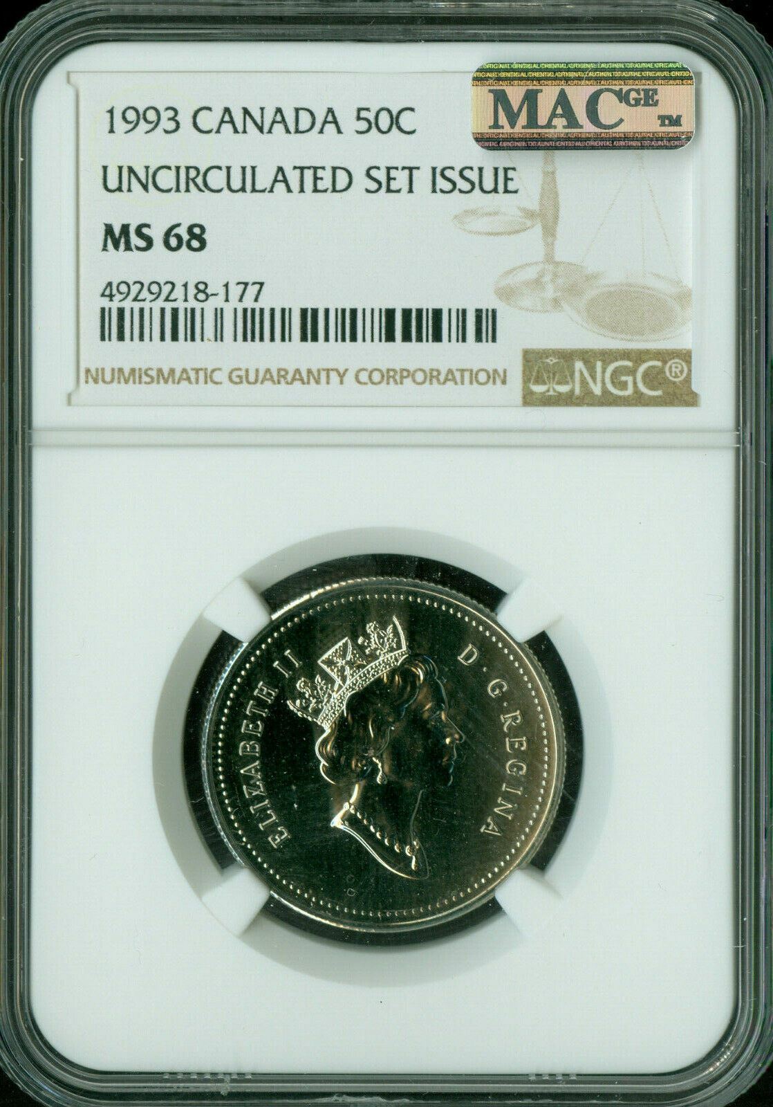 1993 CANADA 50 CENTS NGC MS68 2ND FINEST GRADED MAC SPOTLESS *