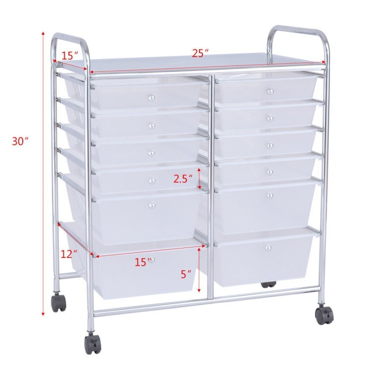 12-Drawer Utility Storage Rolling Cart w/Removable Drawers and Lockable Wheels