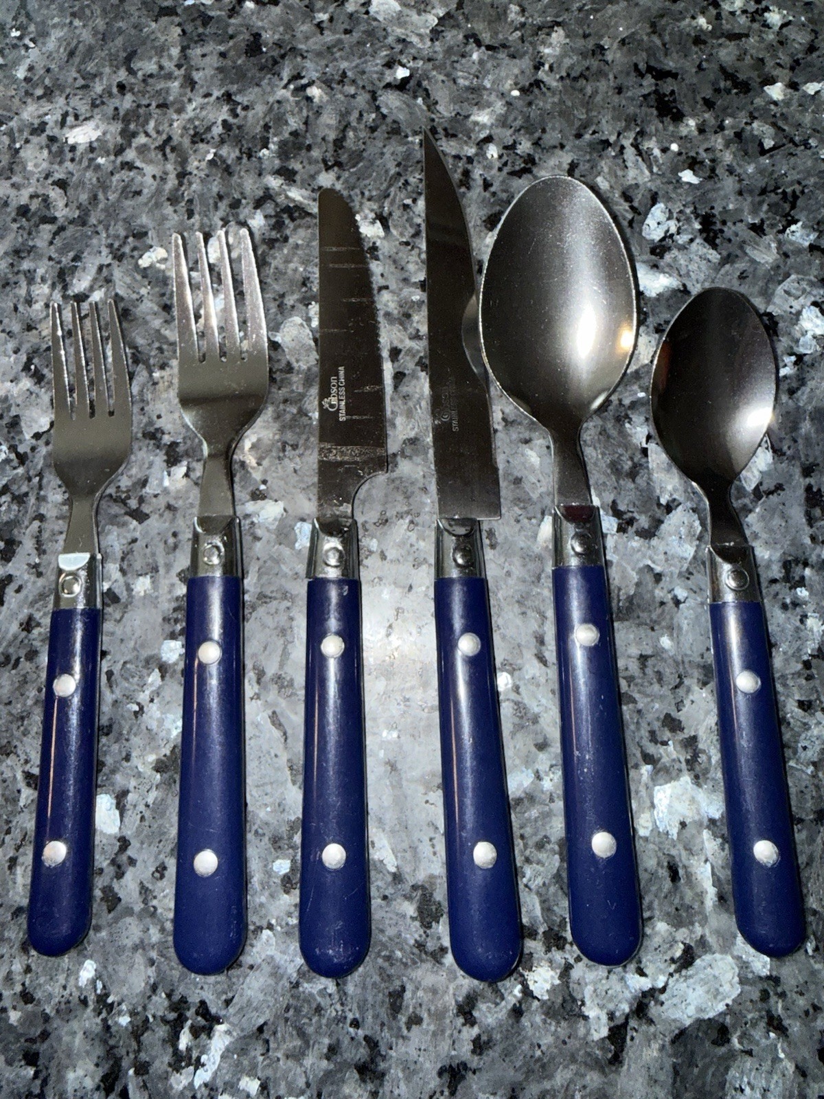 GIBSON Stainless Flatware BLUE Handle 6pc 2 Forks 2 Spoons 2 Knives FreeShip🍴