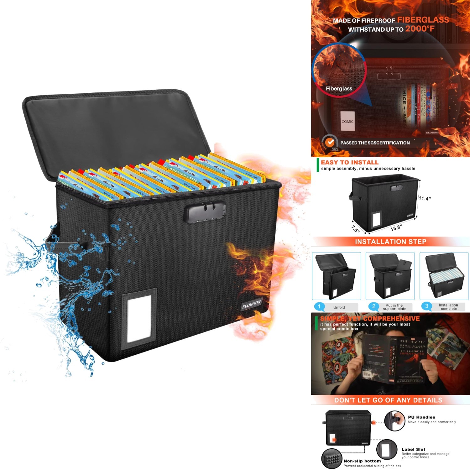 Fireproof Comic Book Storage Box with Lock Holds 150-175 Comics Water Resistant