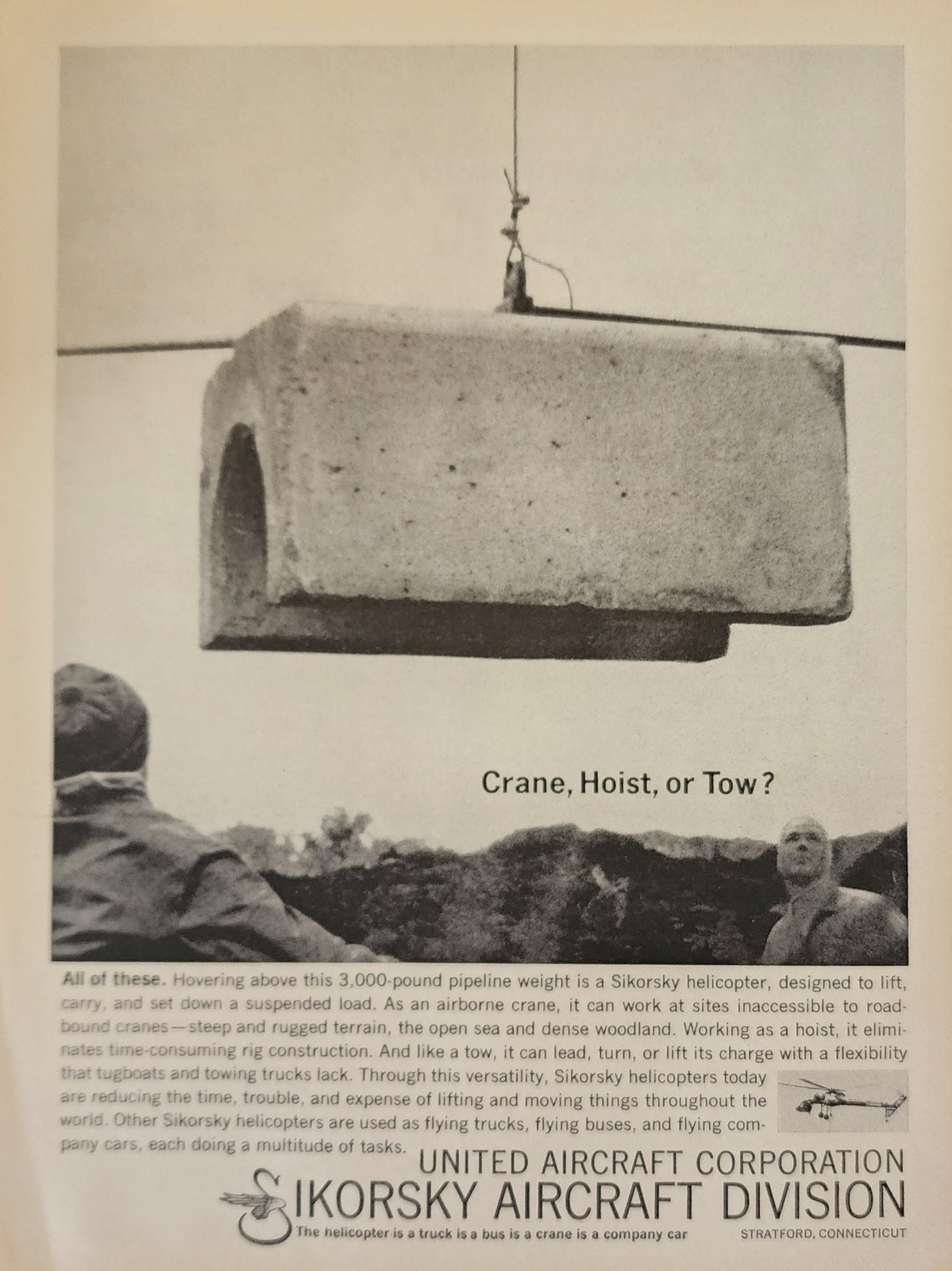 Sikorsky Helicopter Picture Magazine Ad Original Vintage Decor Crane Hoist Tow