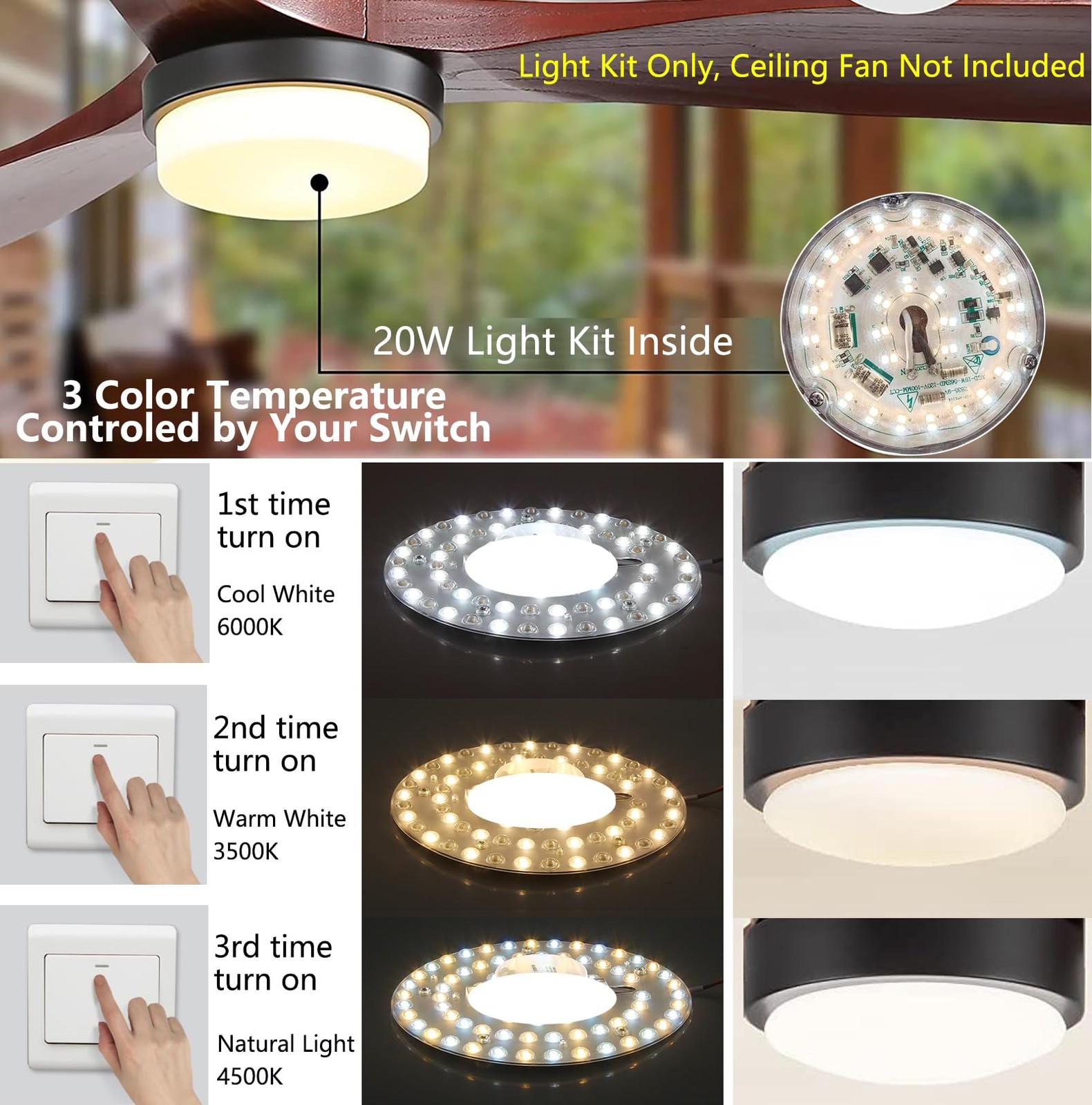20W 4'' Ceiling Fan Light Retrofit Kit, Ceiling Light Module Board Bulb, 3CCT...