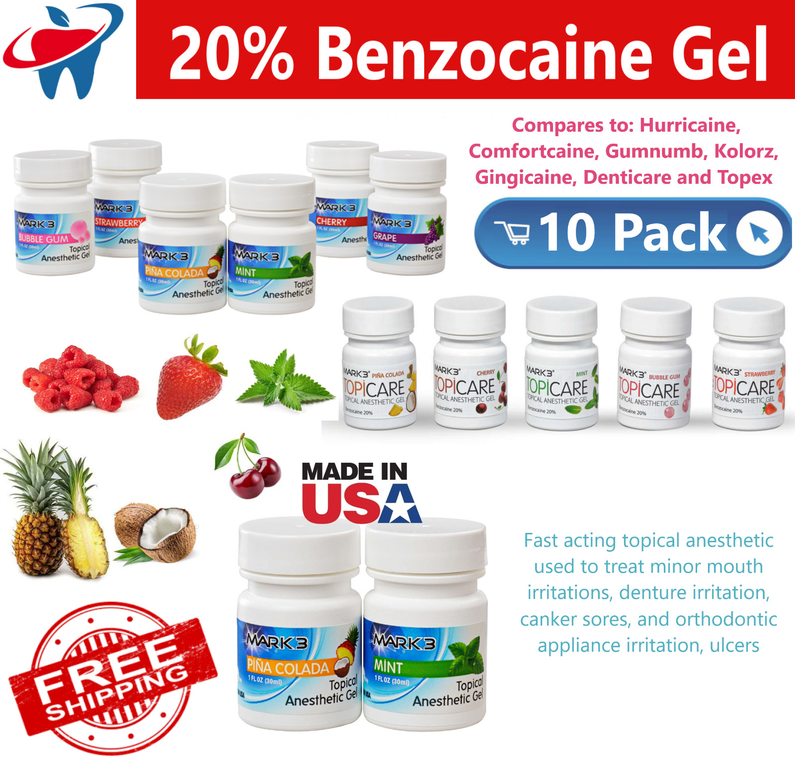 10/Pack - Dental Topical Anesthetic Gel 1.12 OZ Jar - Fast Acting Topcal Gel USA
