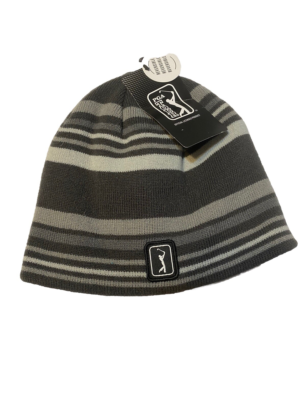 PGA TOUR Golf Knit Beanie Hat Cap Striped and Reversible Hat Gray White