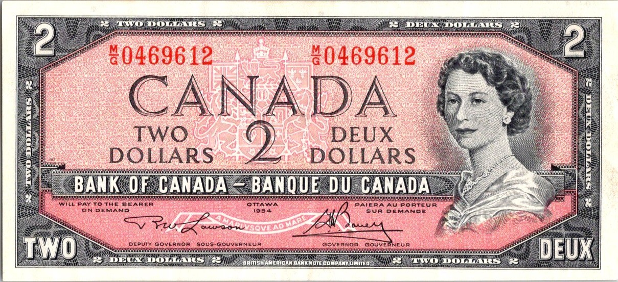 VINTAGE CANADA BANKNOTE 1954 2  DOLLAR PREFIX MG   NO446
