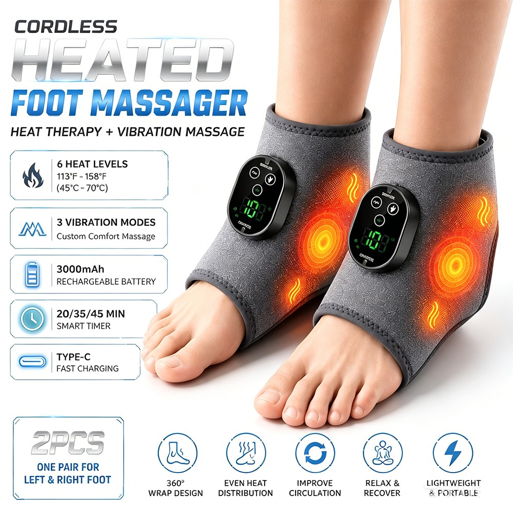 4-in-1 Electric Foot Ankle Massager Brace Pain Relief Heating Vibration Therapy