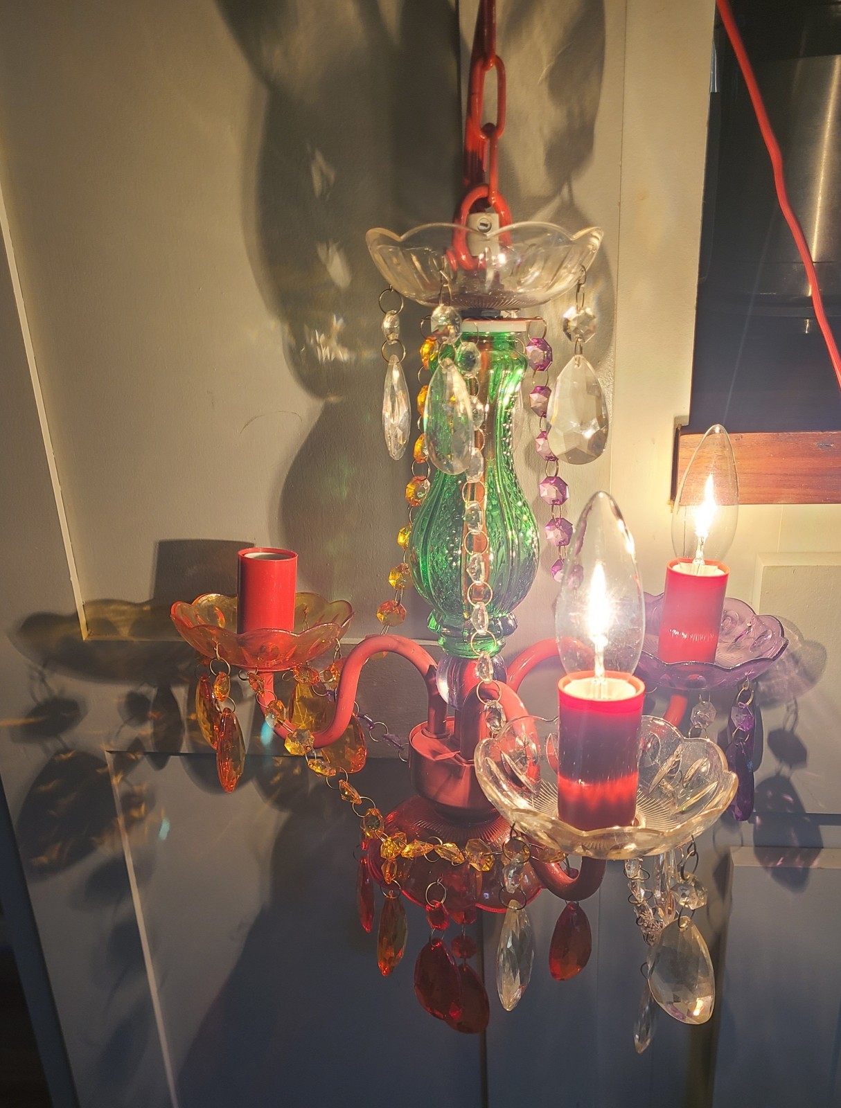 Multicolor 3 Light Chandelier Acrylic Crystal Glass Central Stem Plug In
