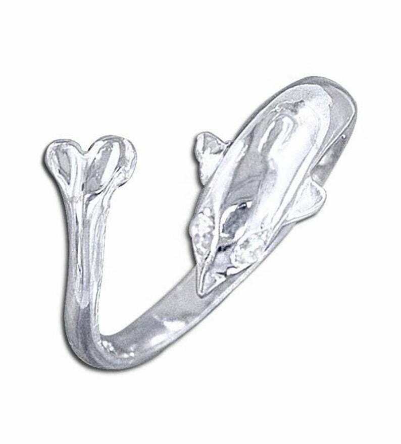 925 Sterling Silver White Clear CZ Stone Dolphin Toe Ring sb68