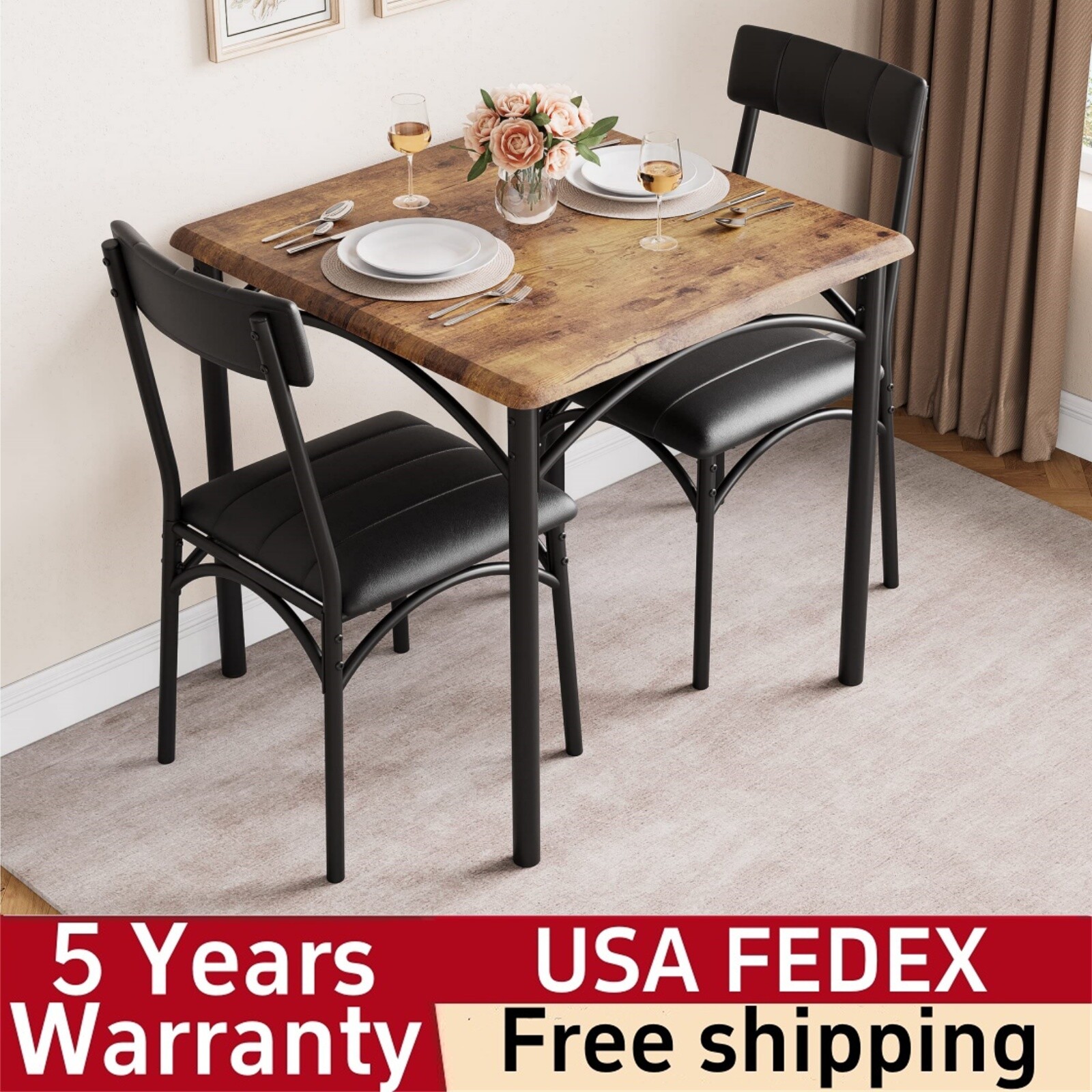 3-Piece Dining Room Kitchen Table and Pu Cushion Chair Sets Kitchen Dining Table