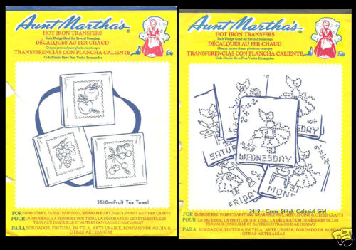 2 Craft Booklets "Aunt Martha's" Hot Iron Transfers Fruit Colonial Girl Flowers