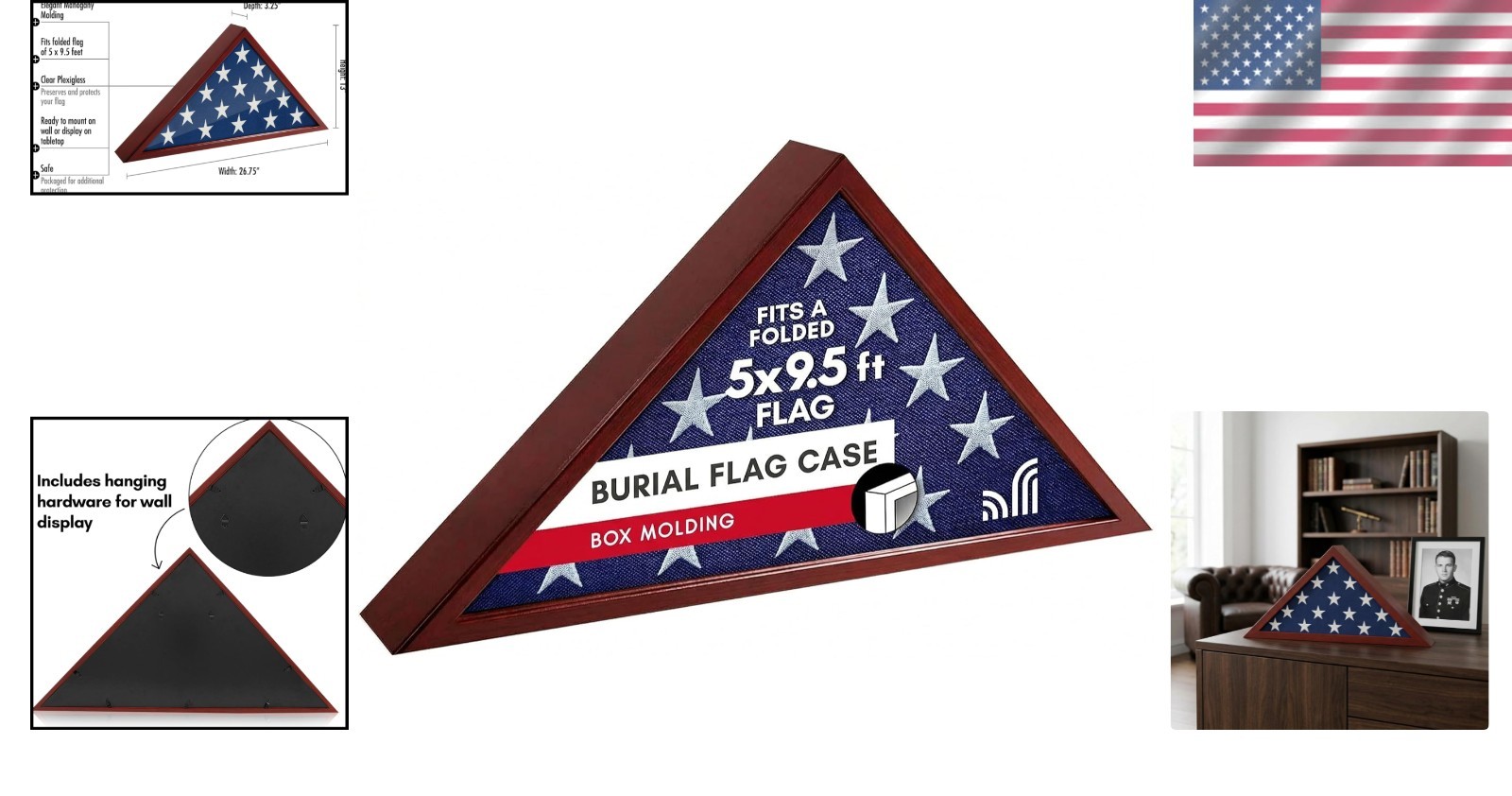 Triangular Mahogany Flag Case - Ideal for 5x9.5' Burial Flags, Gift for Veterans