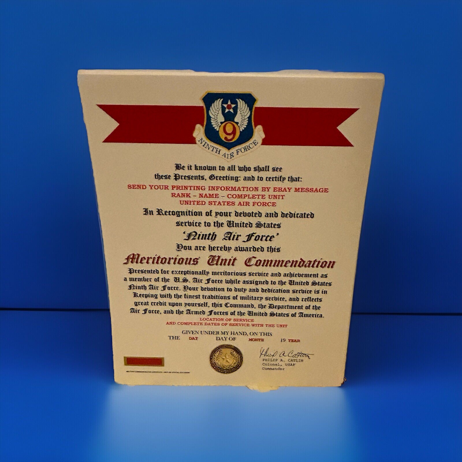 U.S. AIR FORCE / 9TH AIR FORCE - MERITORIOUS UNIT COMMENDATION CERTIFICATE