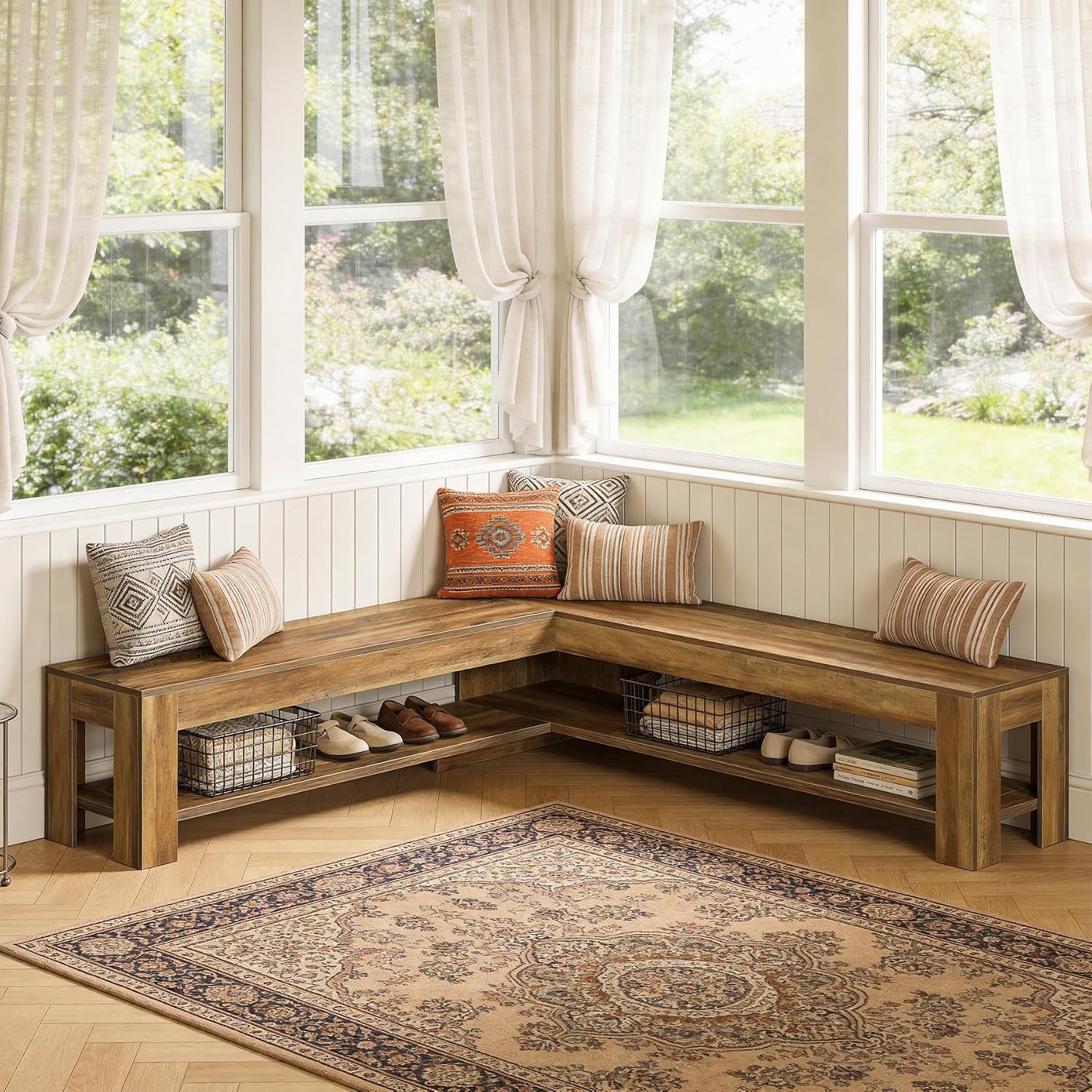 L-Shaped Dining Nook Bench with Storage Shelf, Wooden Space-Saving Corner Bench
