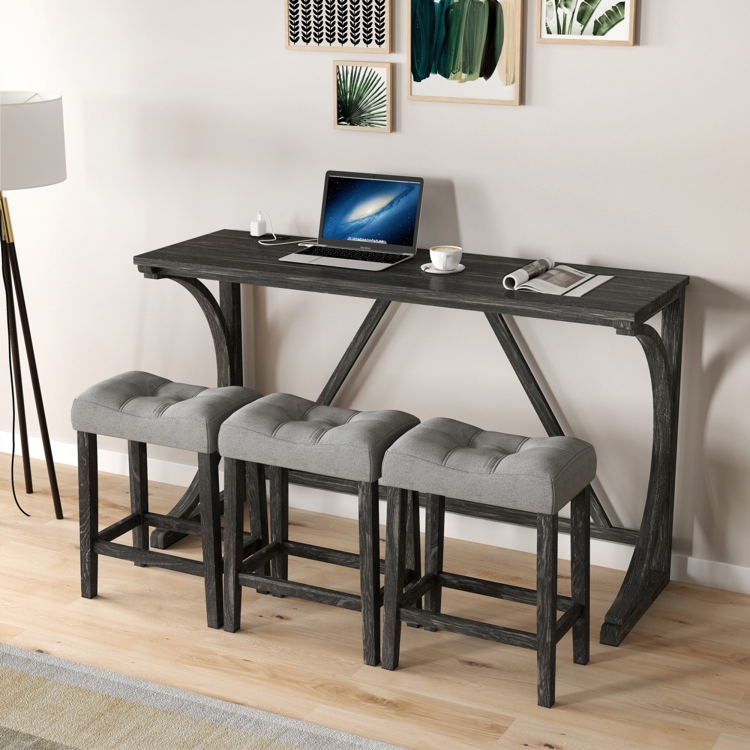4 Piece Bar Table Set Kitchen Counter Height Table Dining Table w/ 3 Bar Stools