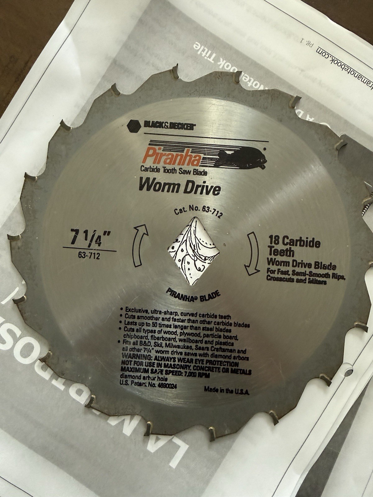 Black & Decker Worm Drive Piranha 7 1/4 Blade With Diamond Arbor