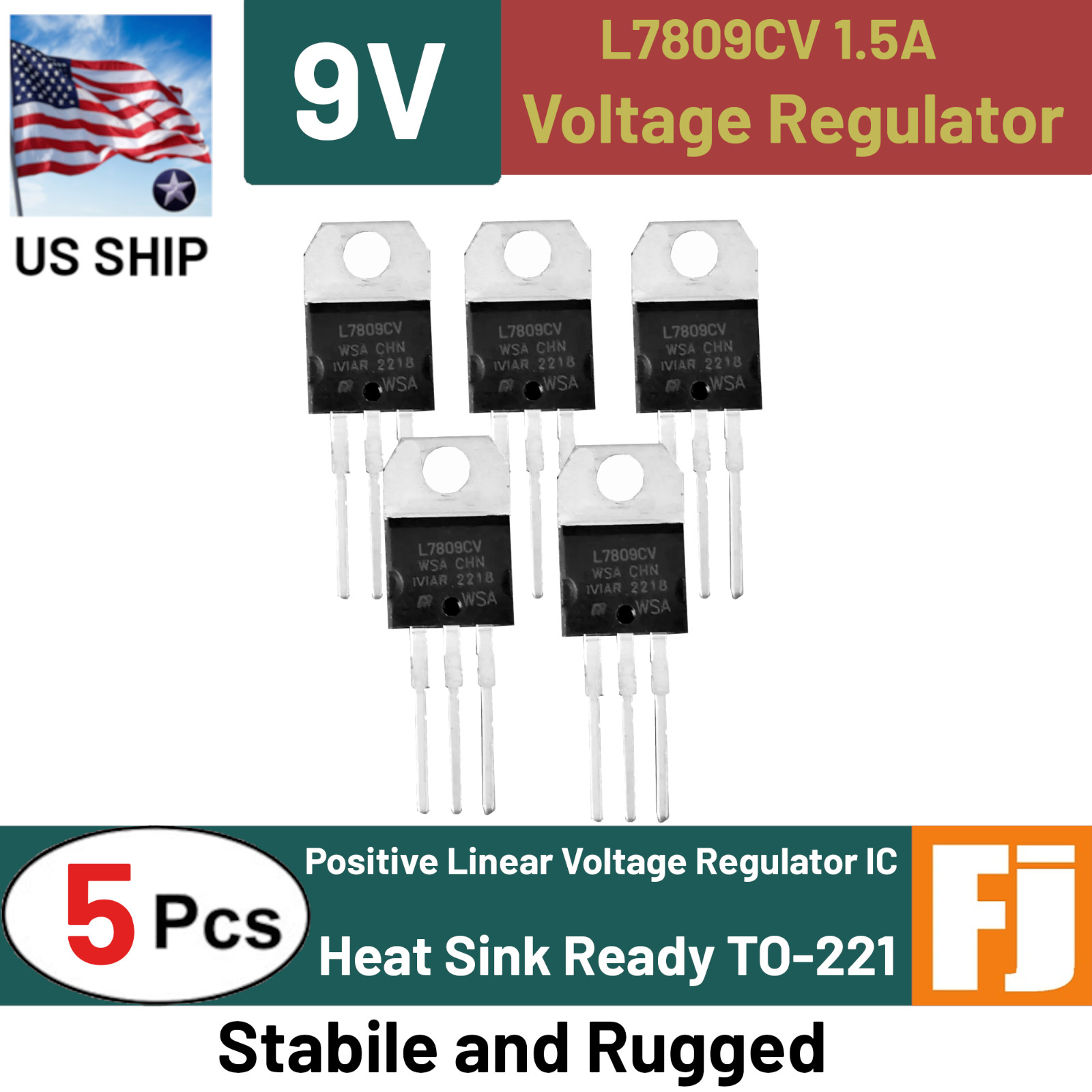 5x  L7809CV | 3 Pin Positive Voltage Regulator | 9V 1.5A TO-220 | US Ship