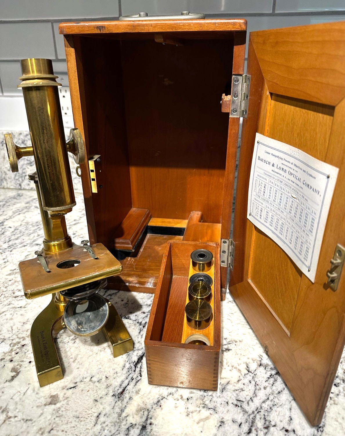 BAUSCH & LOMB OPTICAL CO. Antique Brass Microscope w/OG Keyed Wood Case Rare USA