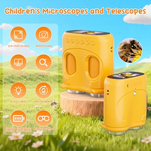 2-in-1 Kids Microscope Telescope, 2.0" 1000X Digital Microscope for Yellow