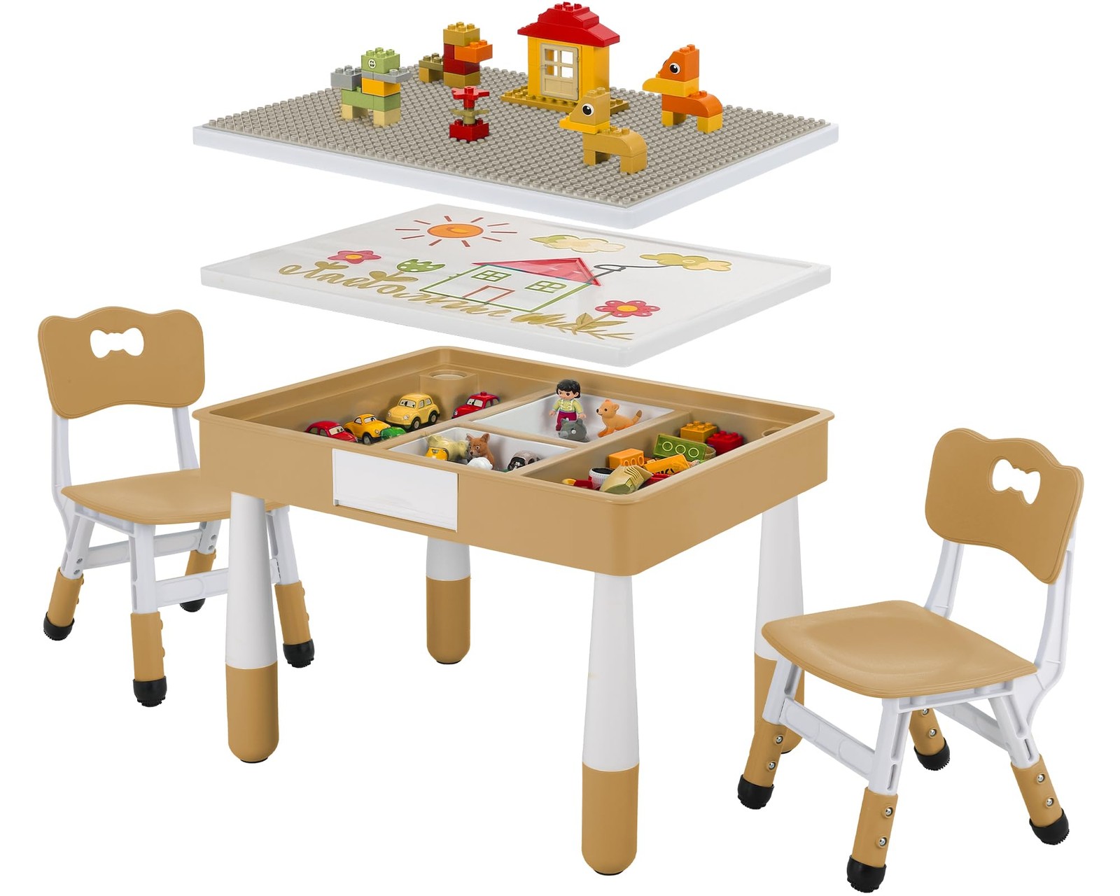 Kids Activity Table & Chairs 4-in-1 Building Block Art Desk w/Storage Adj Yellow