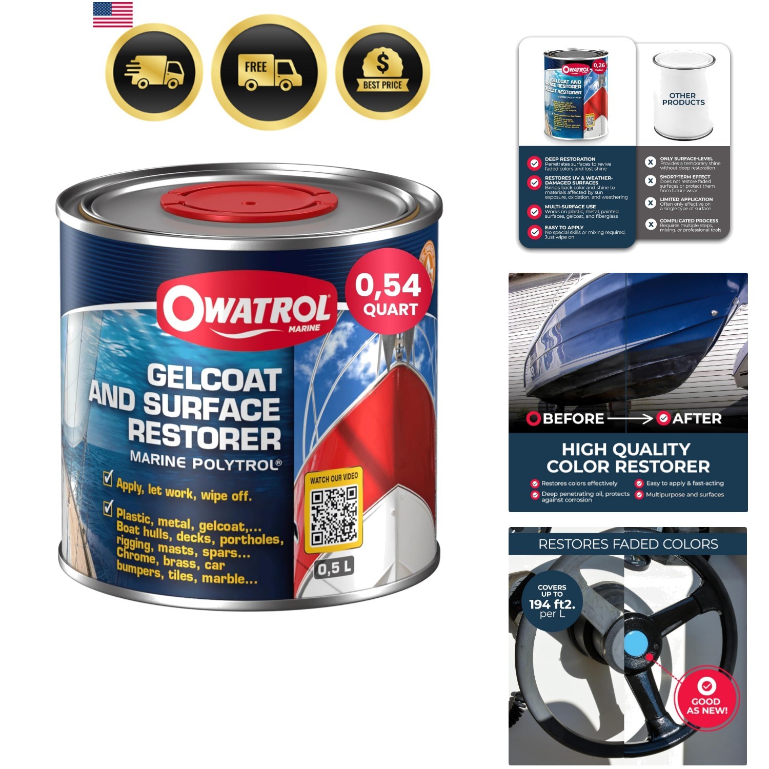 Boat Gelcoat Restorer Marine Polytrol UV Protectant for Fiberglass Plastic Steel