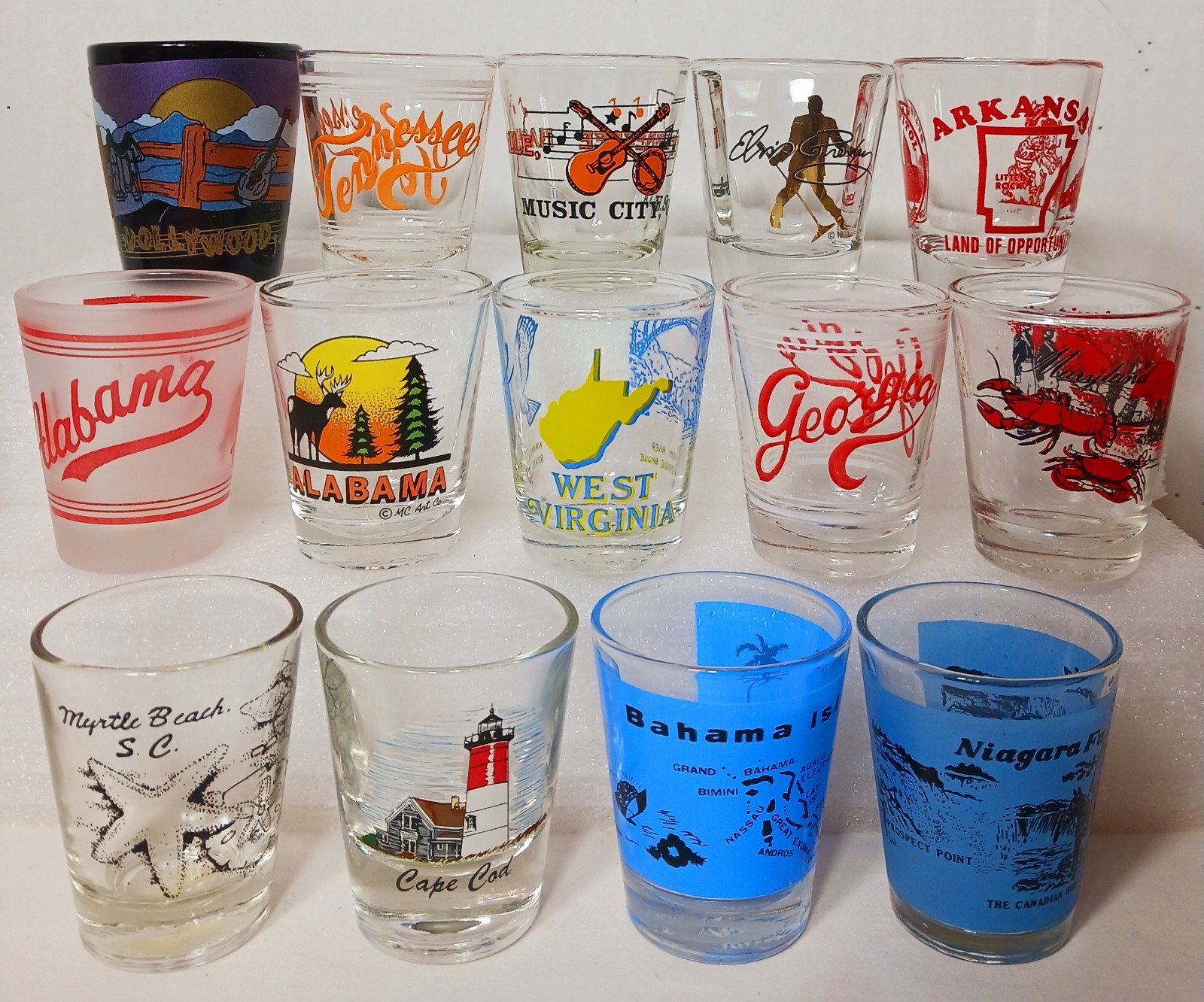 14pc Souvenir Shot Glass Collection ELVIS Tennessee ALABAMA Georgia DOLLYWOOD