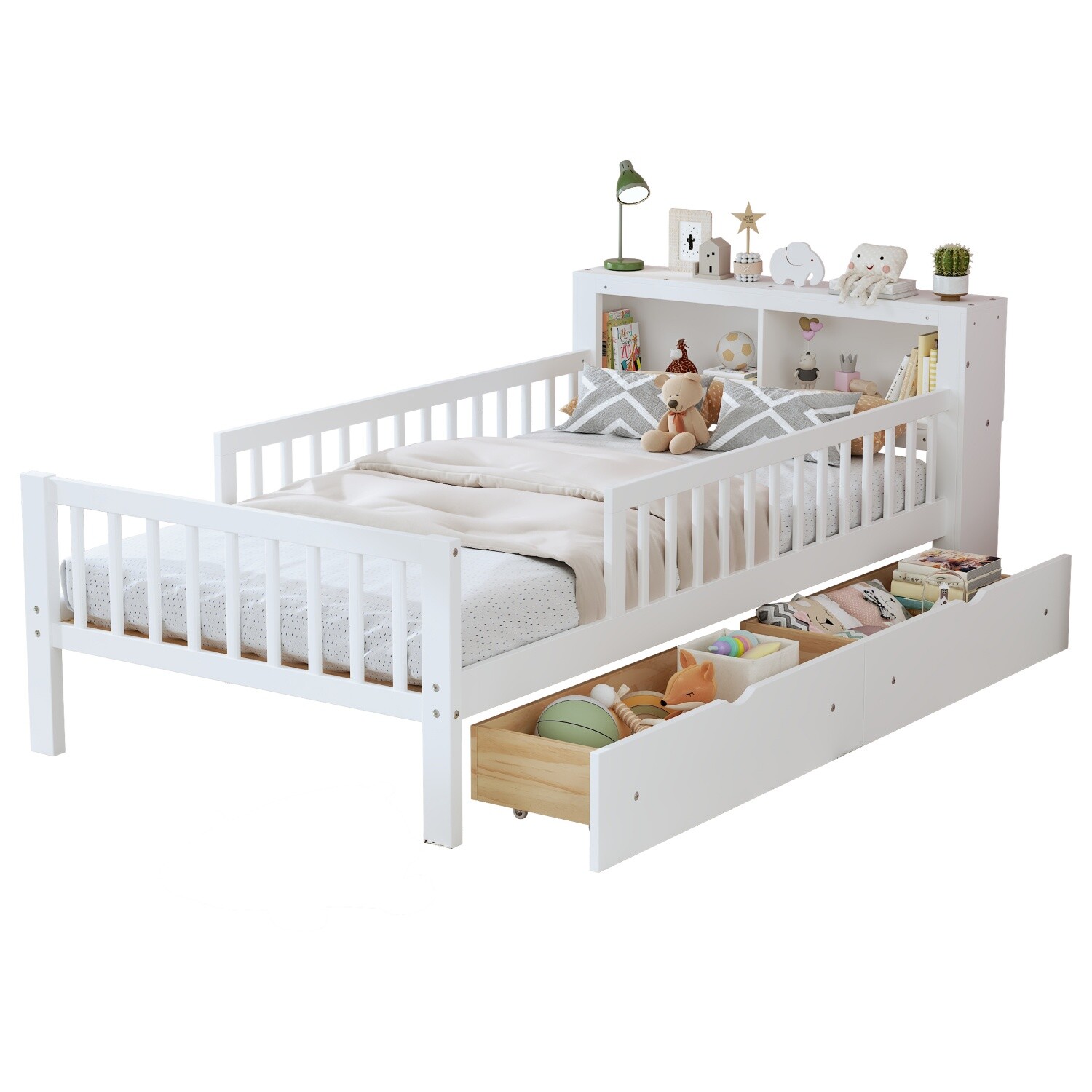 Twin Size Bed Frame Wood Platform Bed Frame with 2 Drawers & Storage Headboard