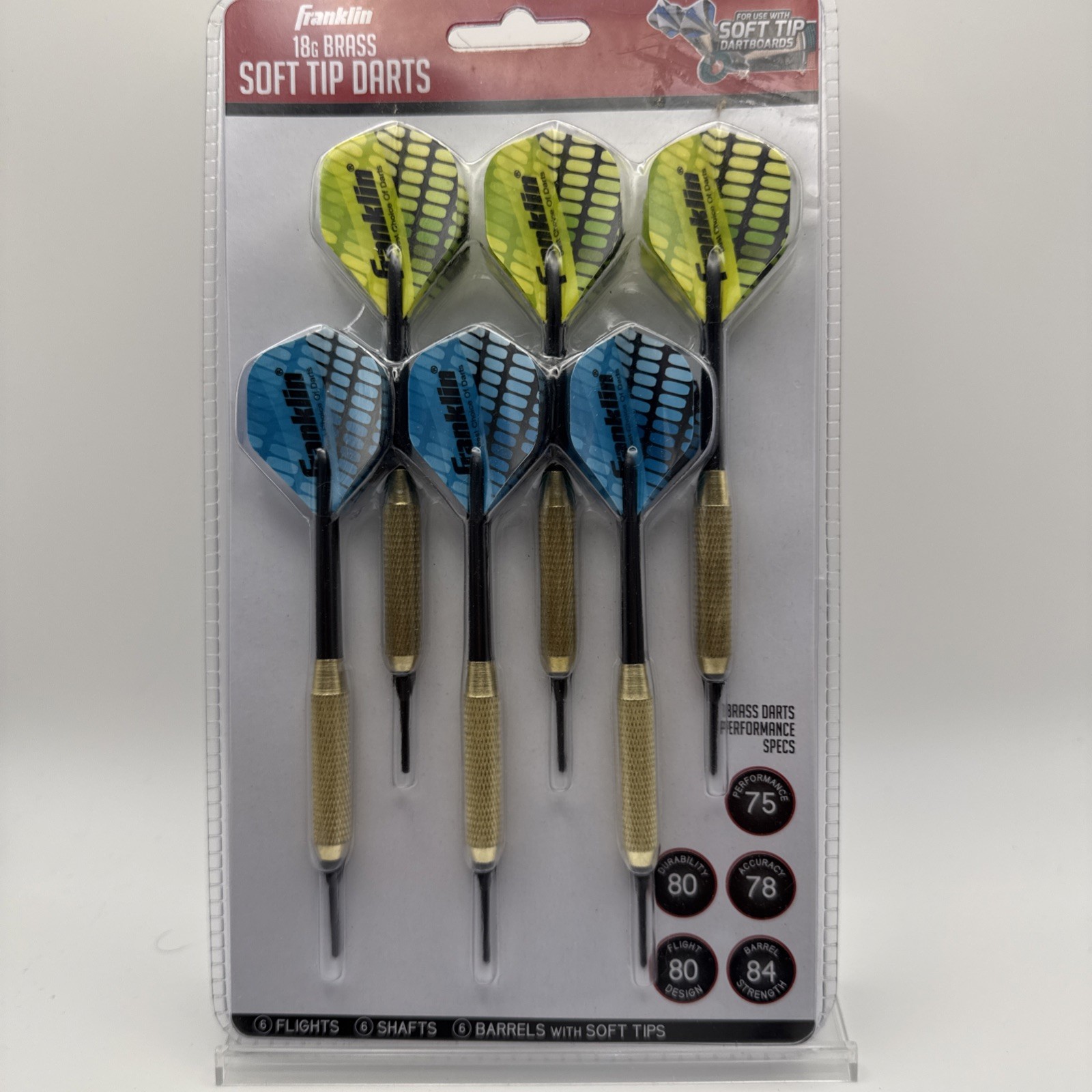 Franklin Sports Soft Tip Darts 18 Gram Brass Coated Steel 6 Pack Blue Green New