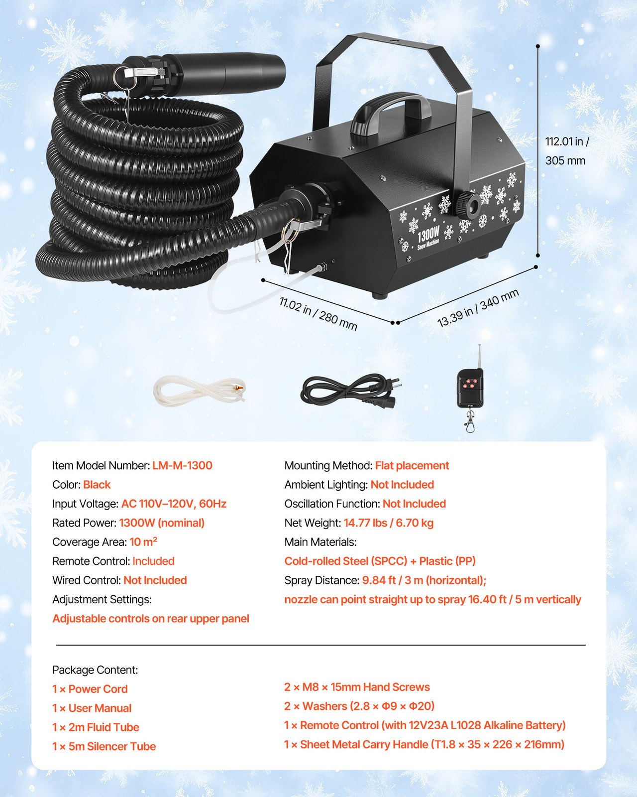 VEVOR Snow Machine 1300W Wireless Remote Control Handheld Hanging Snow Maker