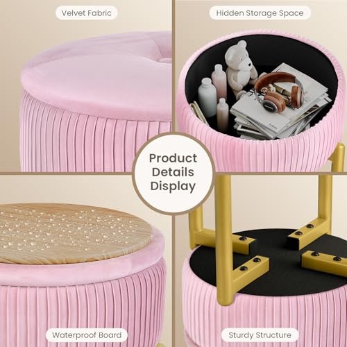 18-Inch Velvet Vanity Stool Chair with Storage, Vanity Bench Pink Round Shape