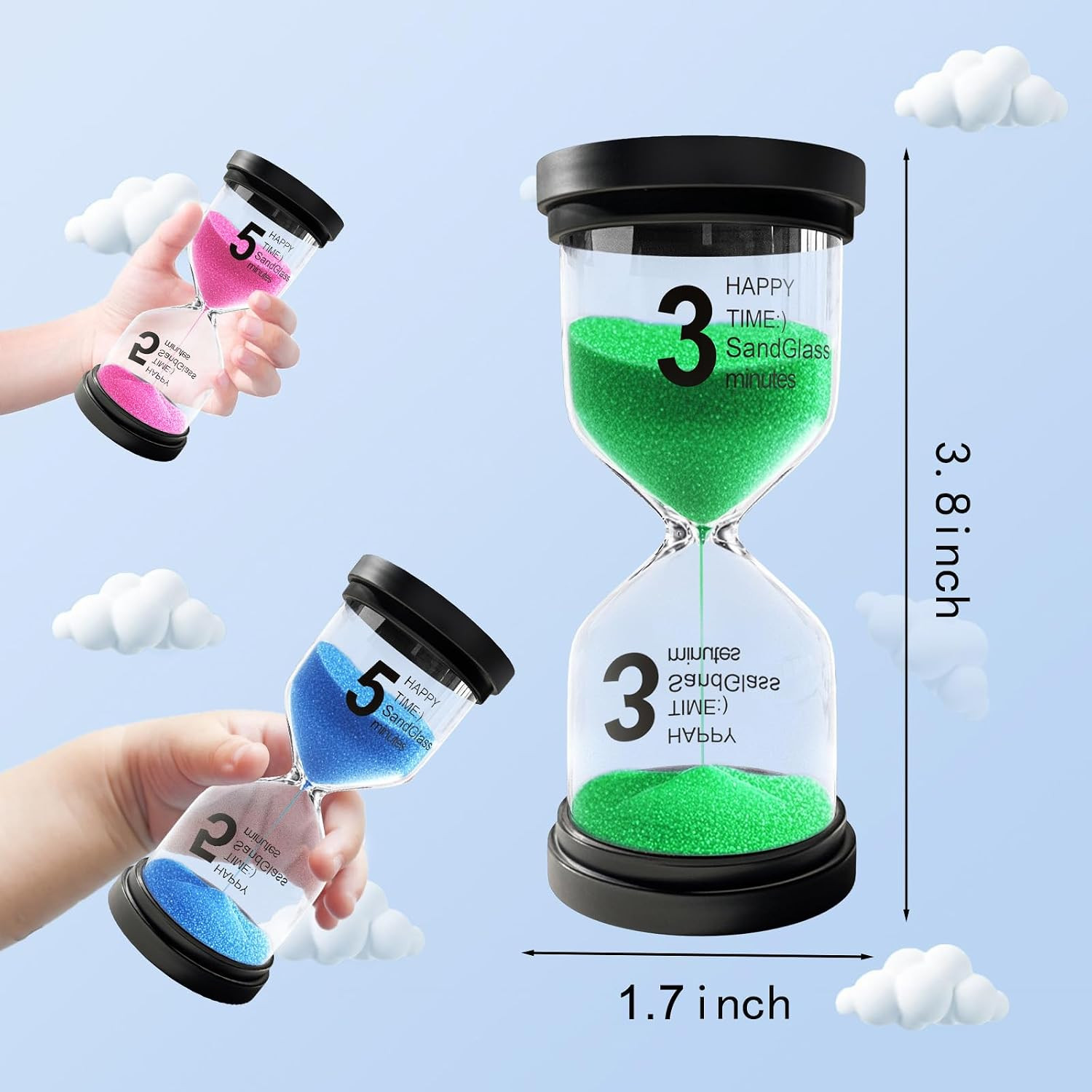3 Minute Sand Timer for Classroom, Plastic Hourglass Sand Clock, Acrylic Small H