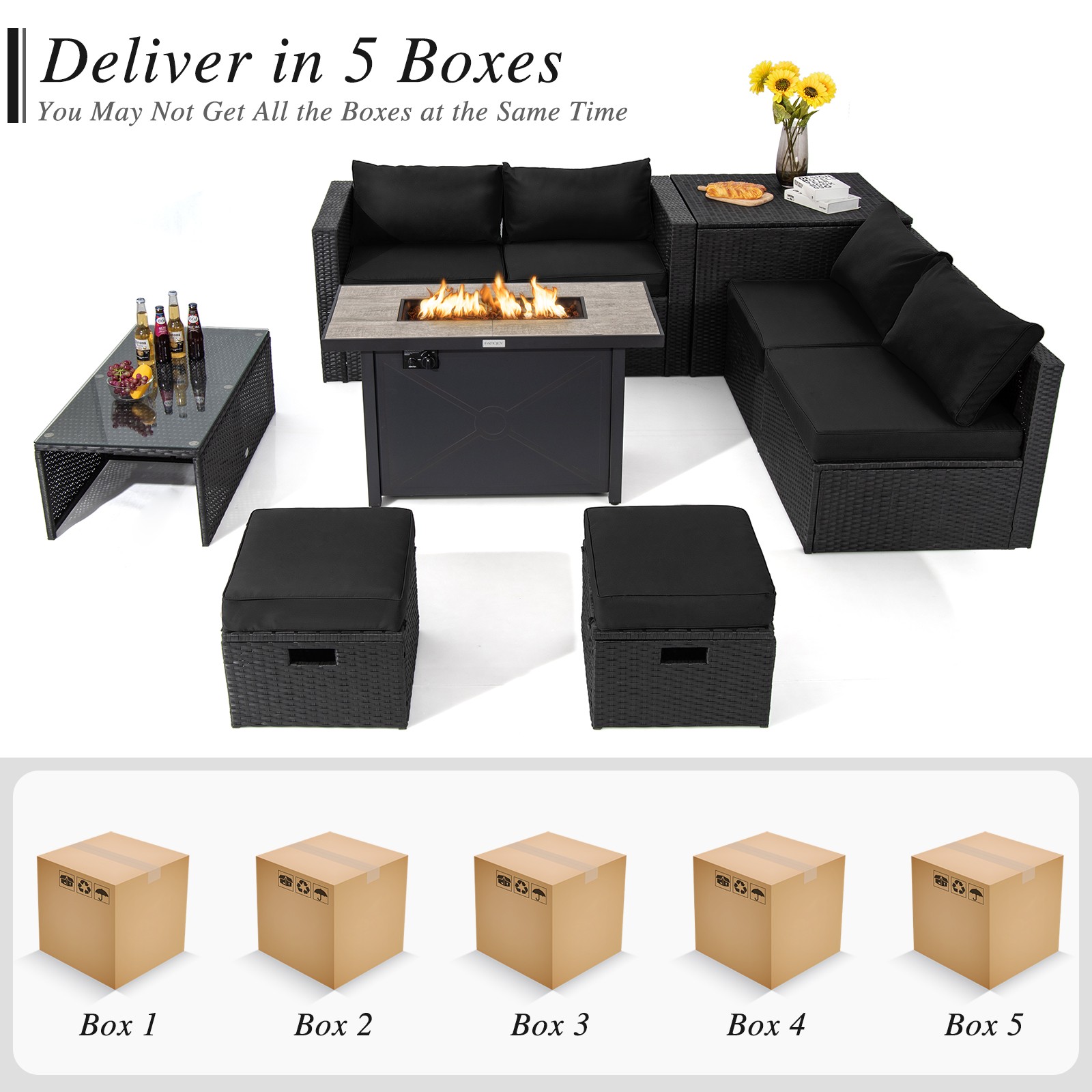 Patio 9PCS Rattan Furniture Set Space Saving 42” Fire Pit Table Cover Black