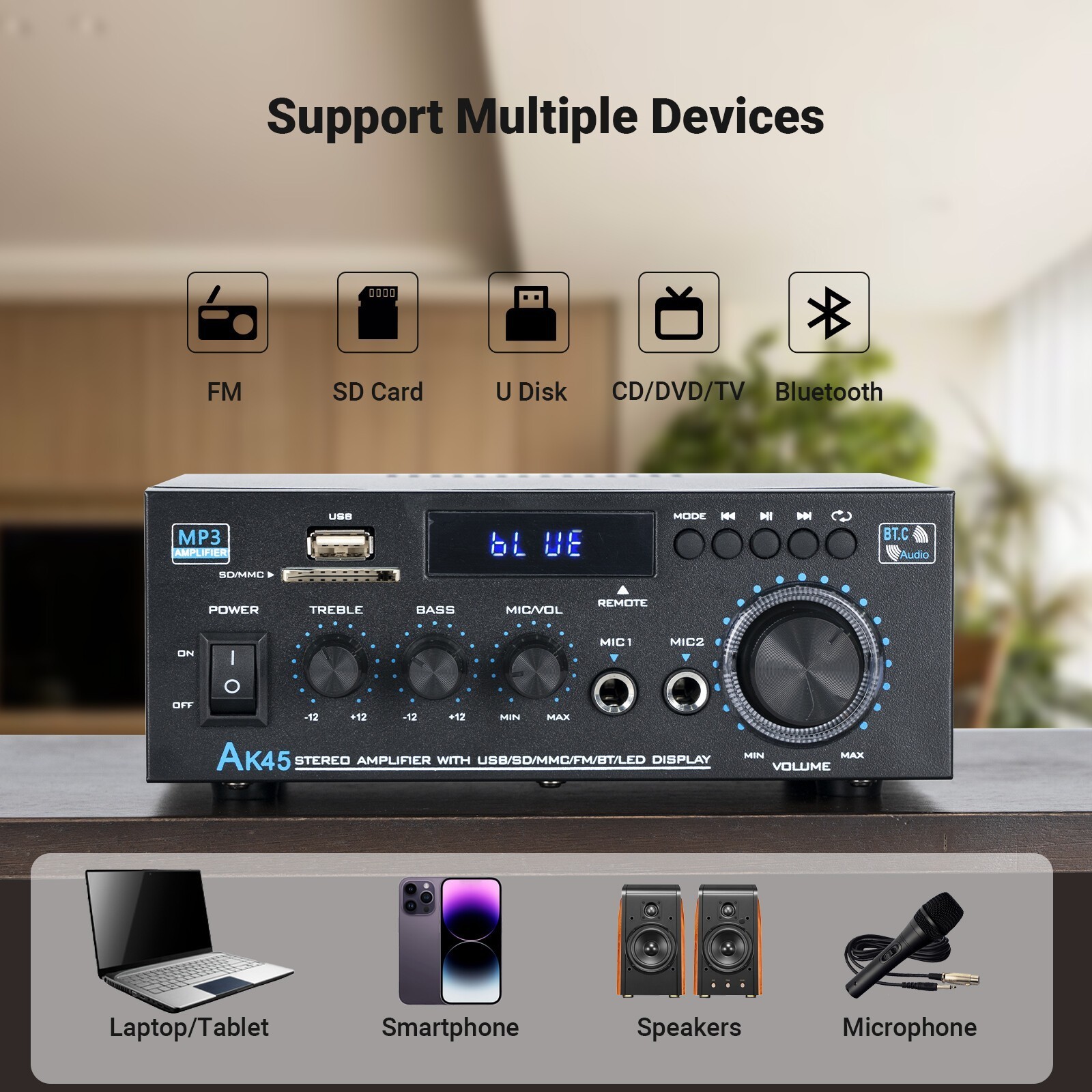 Home Stereo Amplifier Audio Bluetooth 5.0 Max 300Wx2 Power Stereo Receiver AK45