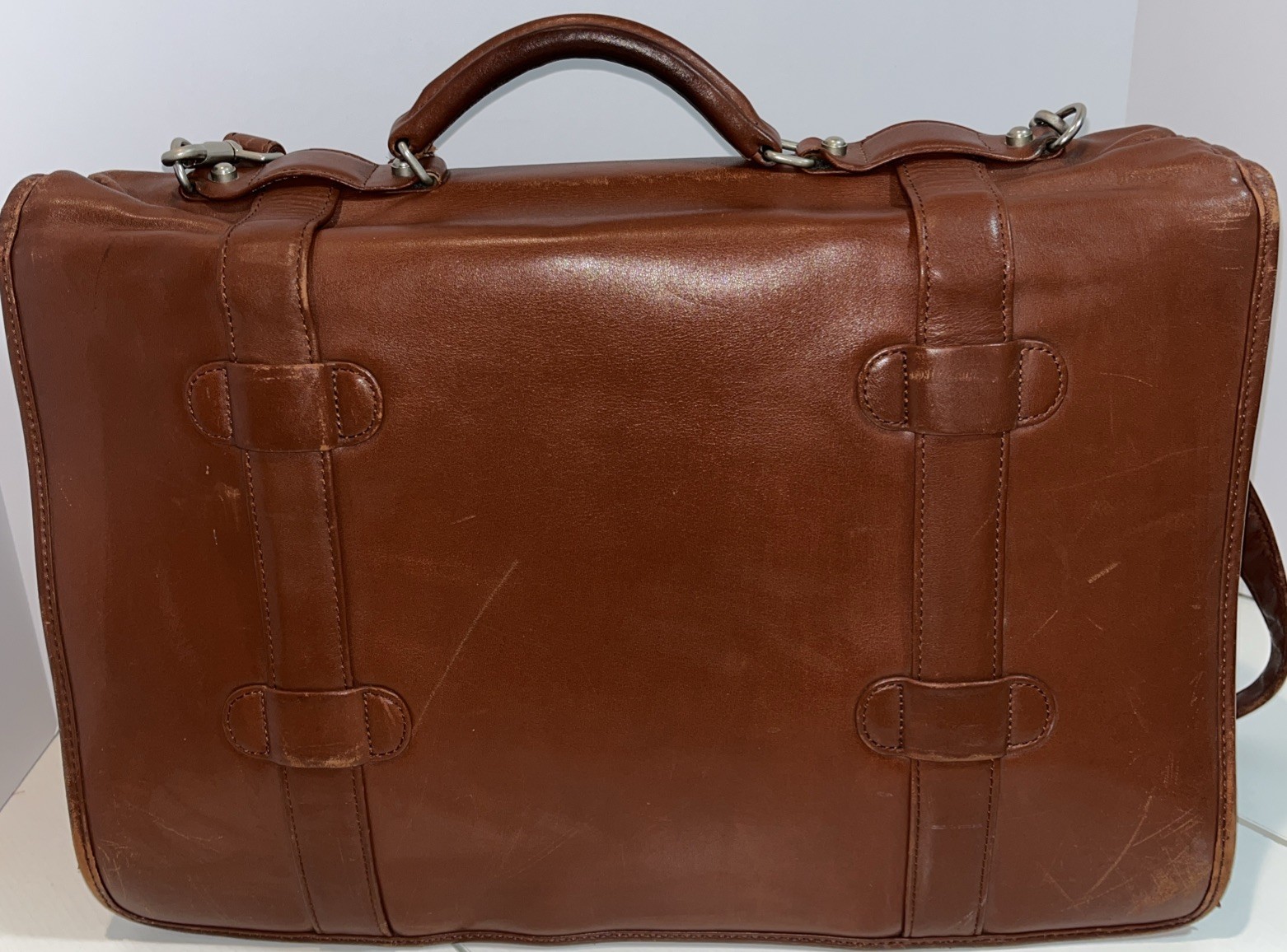 De Bon Brown Leather Computer Case or Brief Case with Shoulder Strap READ