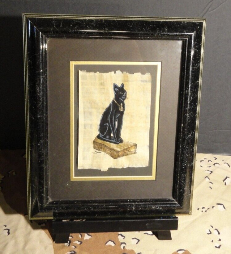 FRAMED EGYPTIAN BLACK CAT MATTED IN BLACK ONYX FRAME 9.5"X12"