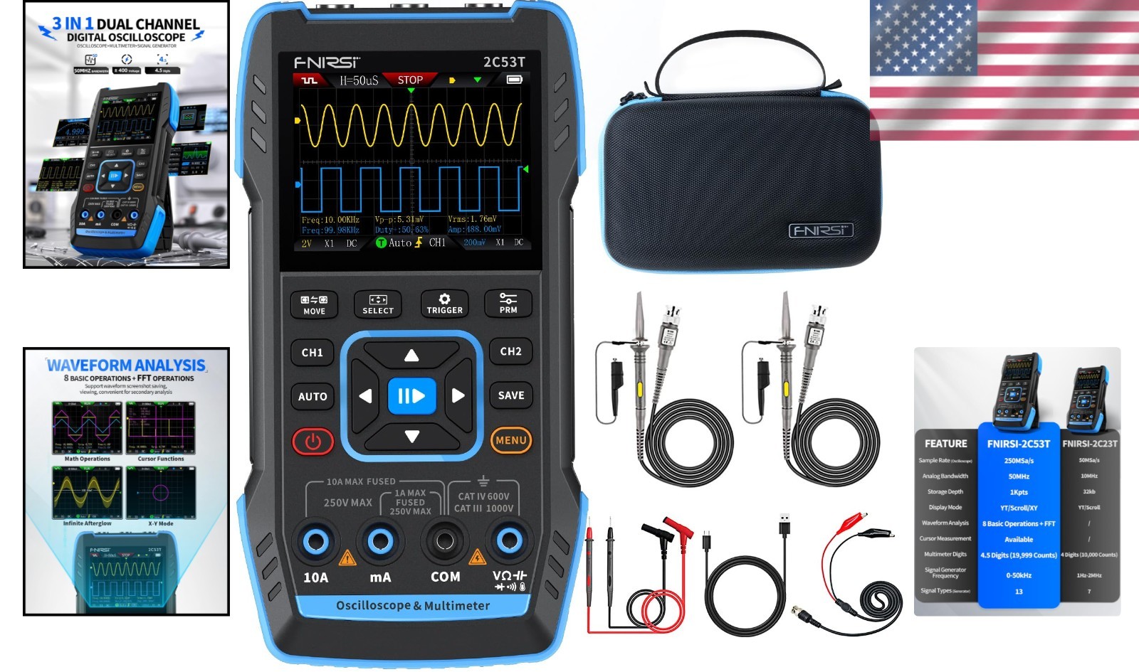 Compact 50MHz Oscilloscope Multimeter with Signal Generator