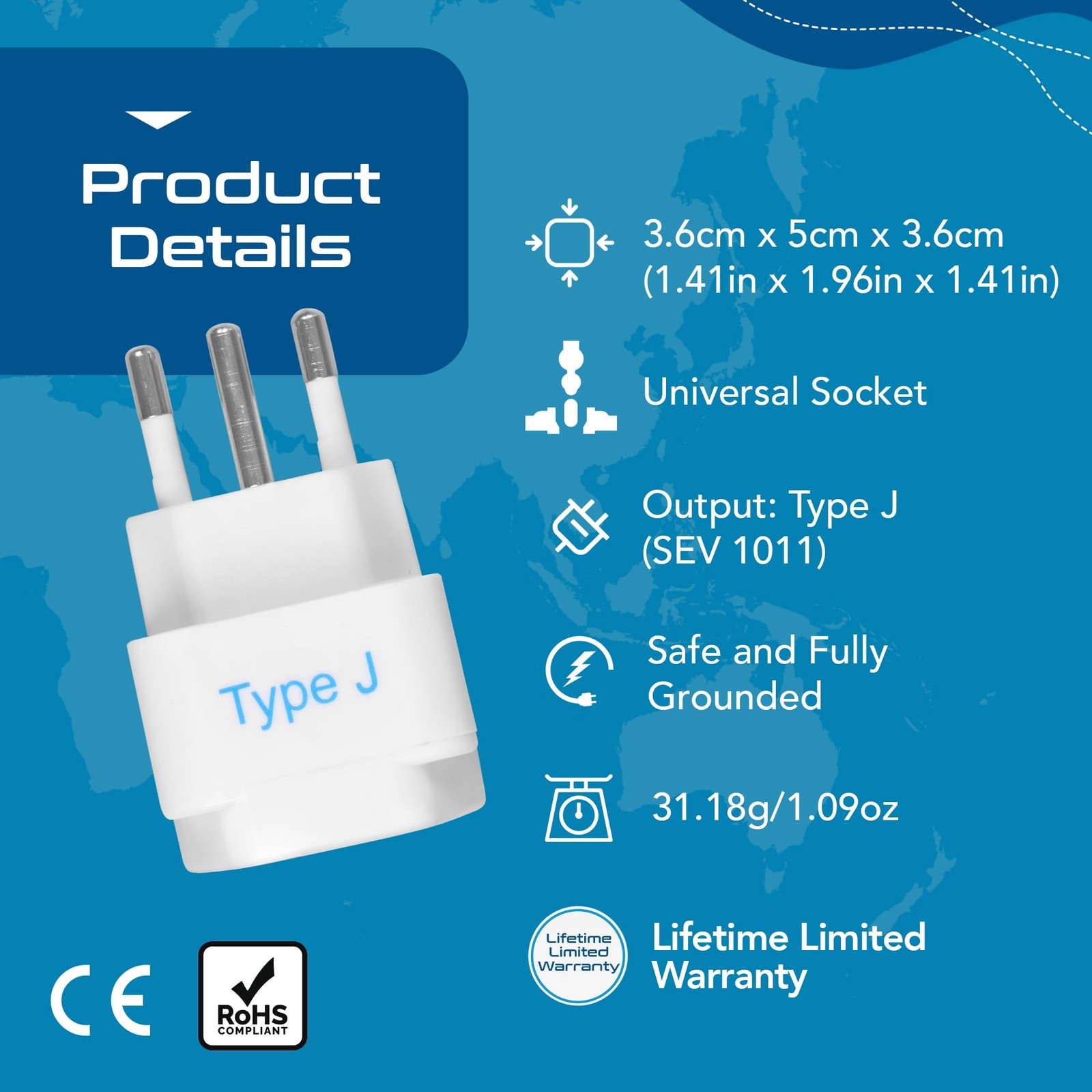 Switzerland Travel Plug Adapter (Type J) - 3 Pack [Grounded & Universal] (GP-...