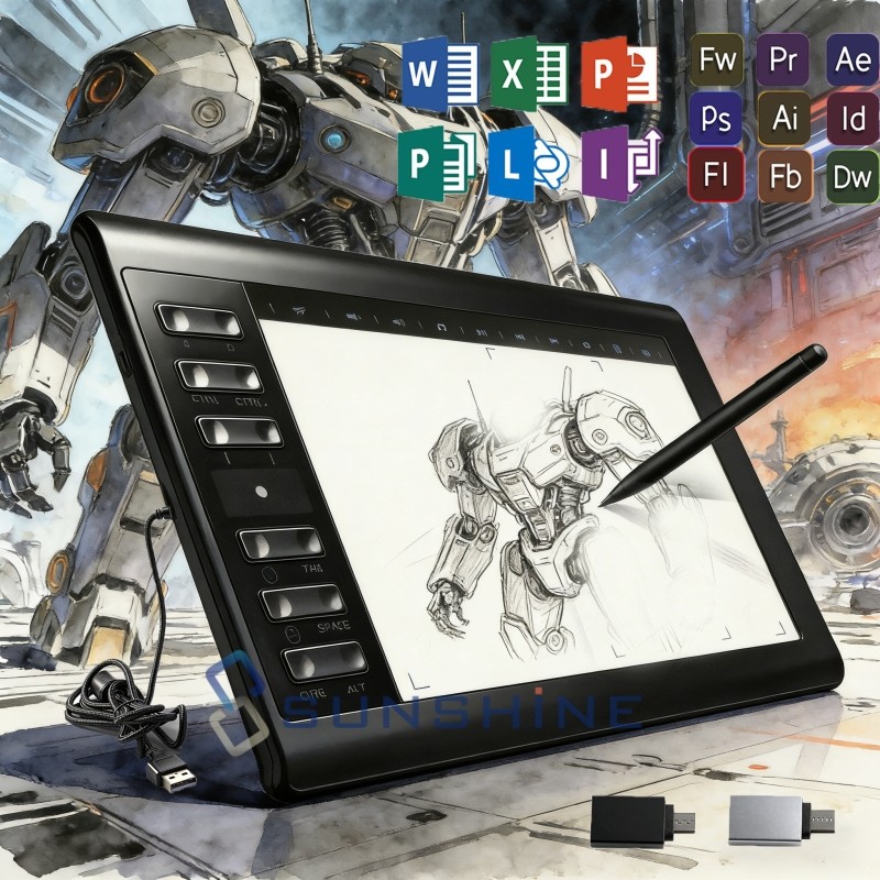 Graphics Drawing Tablet w/ 60° Tilt-Sensitive Pen Graphic Art Tablet 12 shortcut