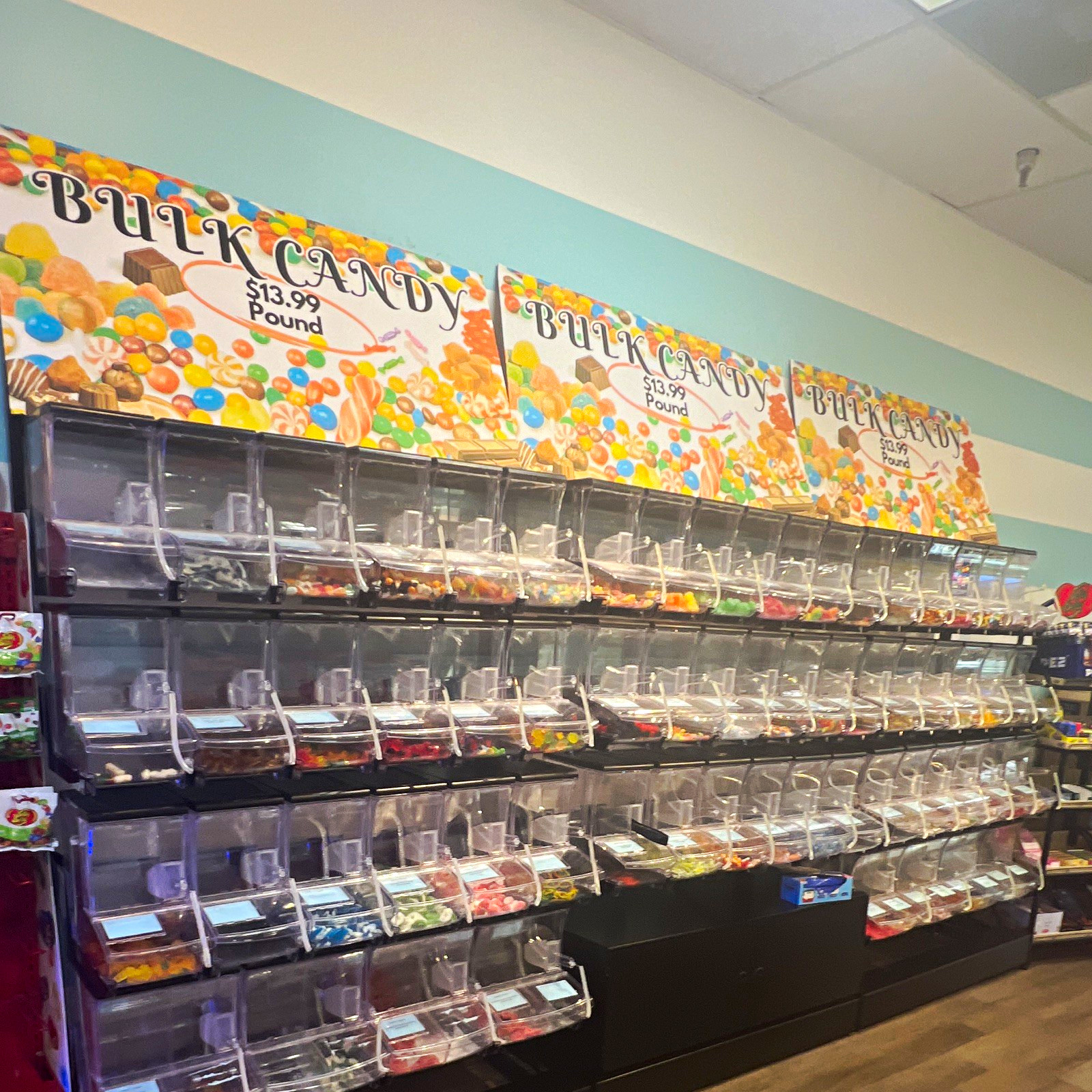 Bulk Candy Wall Display Rack Fixture w/ Clear Bins & $13.99/lb Sign