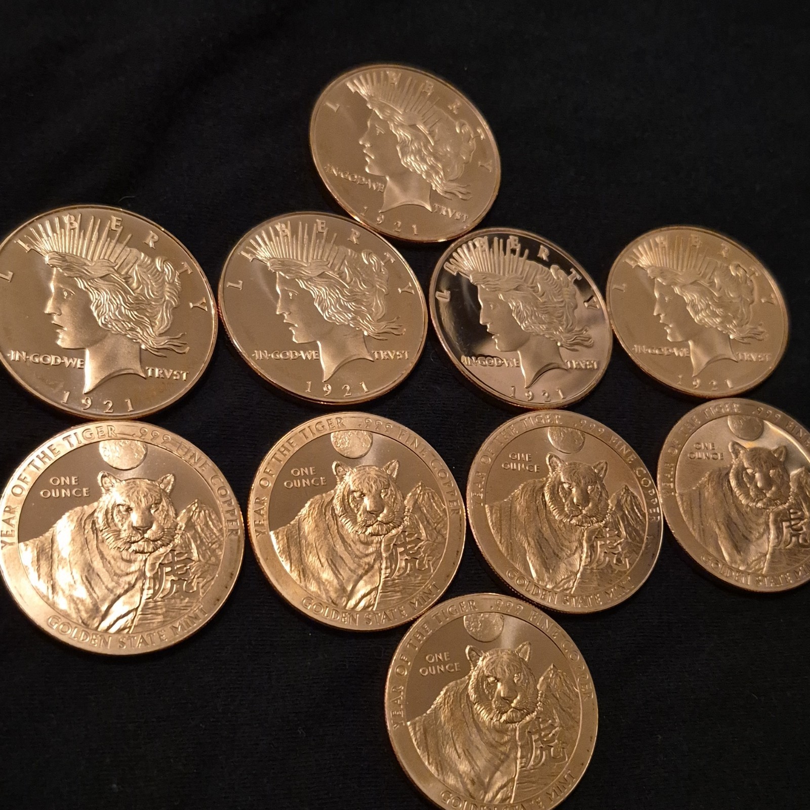 Peace Dollar Tiger Zodiac .999 fine copper 1 oz coins. 10 ounces total