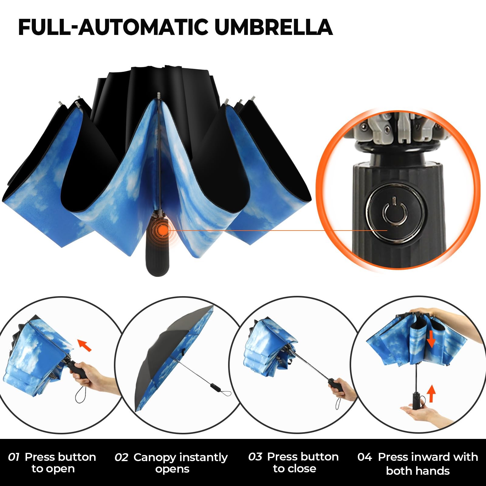 ZDSSM Compact Inverted Travel Umbrella, Automatic Open 46 Inch, High Clouds