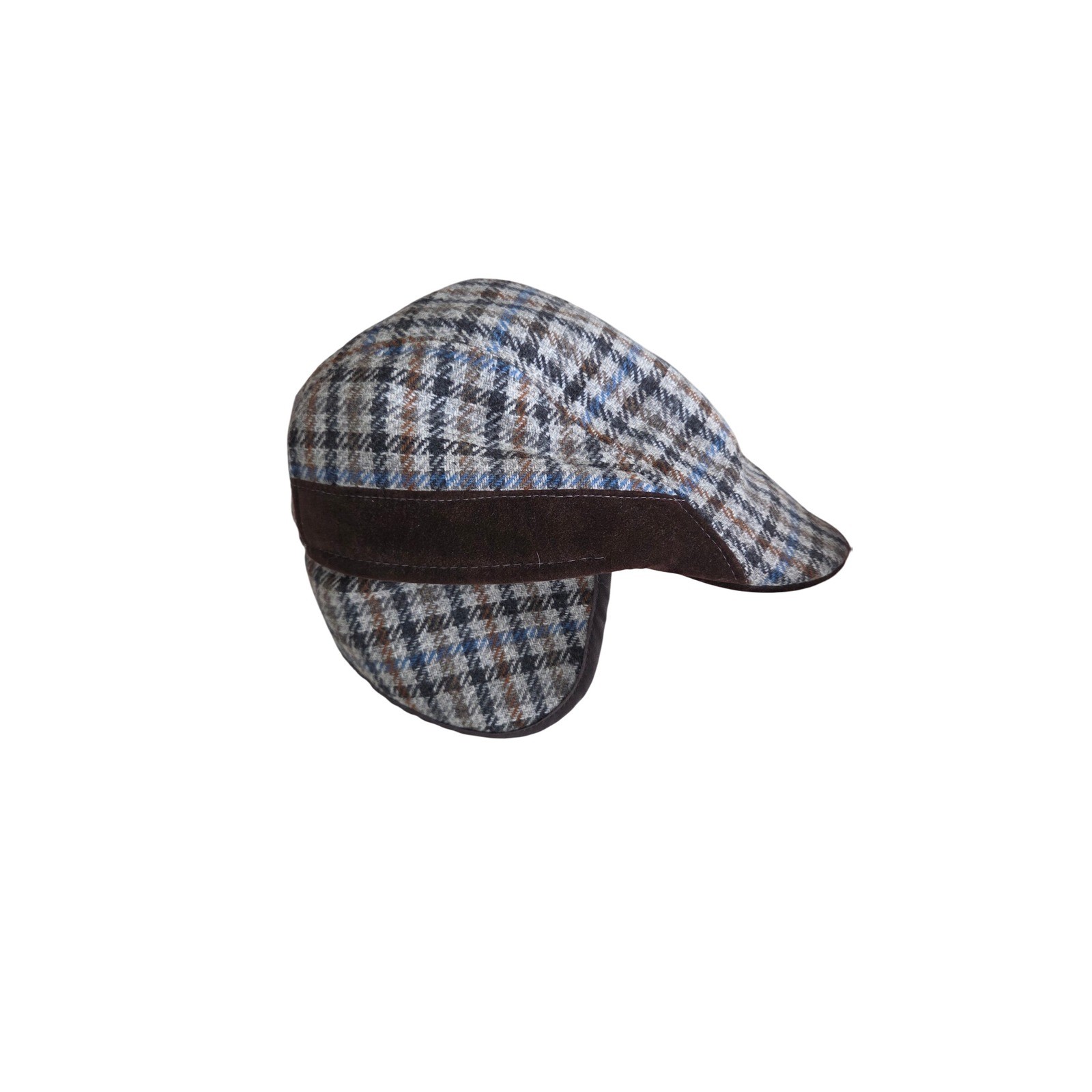 Houndstooth Newsboy Cap Brown Blue Plaid Driving Golf Hat Ear Flaps