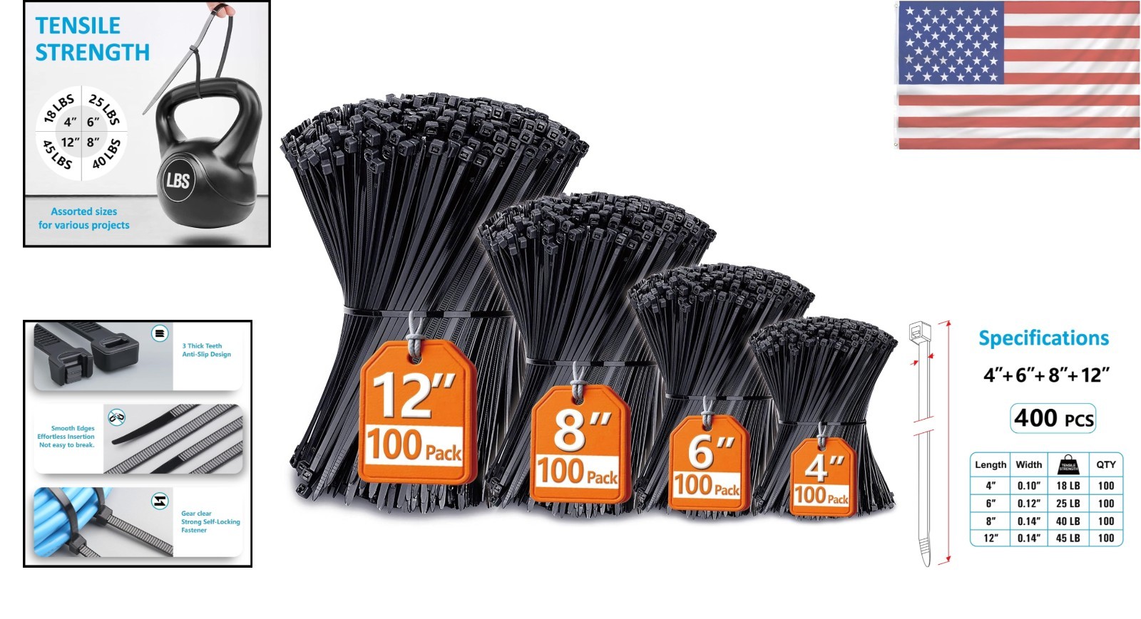 Heavy-Duty Black Zip Ties: 400-Pack, Assorted 4"-12" Sizes, Self-Locking Design