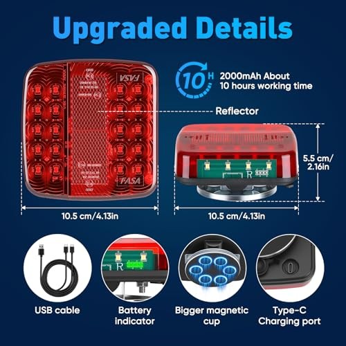 Magnetic Wireless Trailer Lights, Upgraded 2.4GHz Transmitter with 2000mAh Red