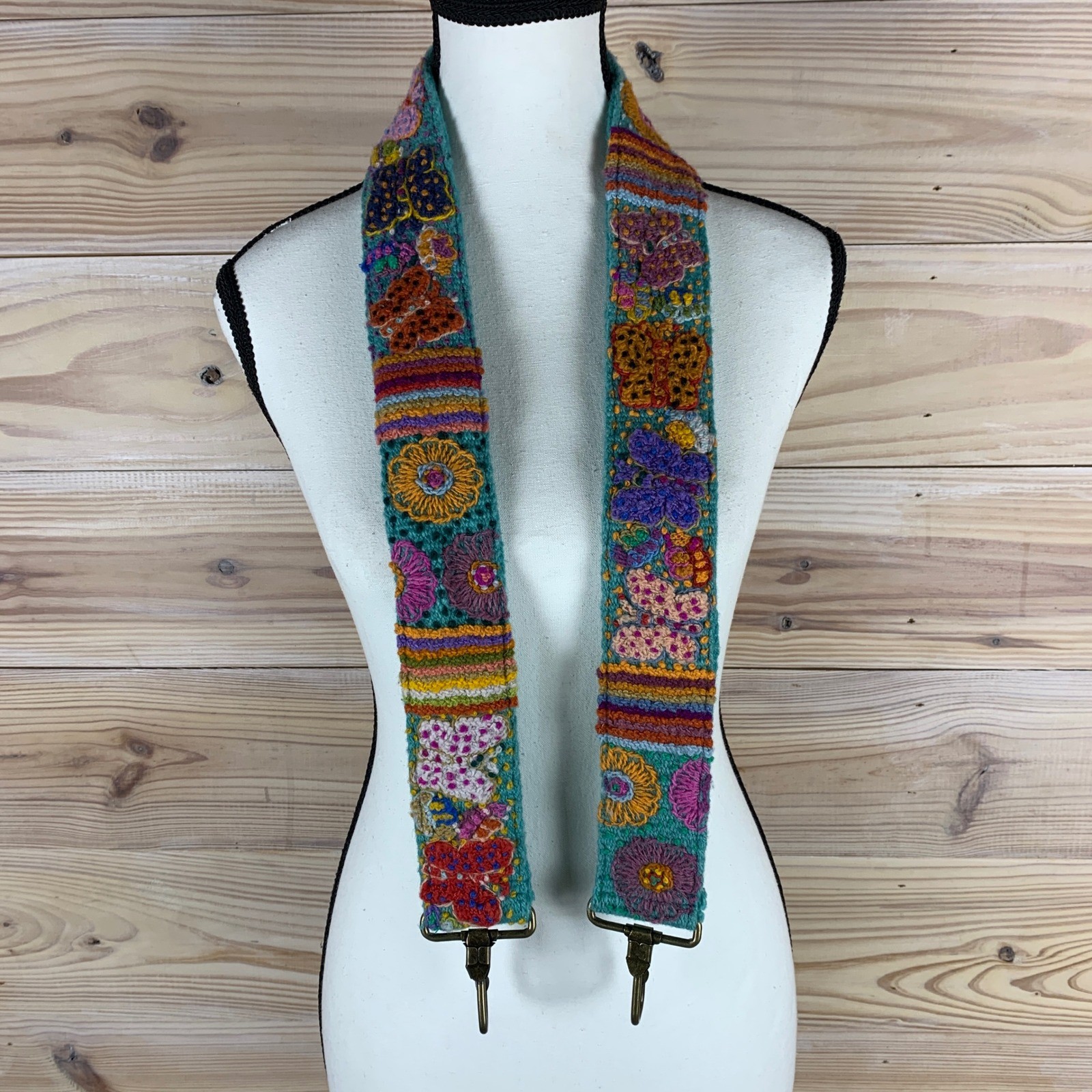 Madeline Parks Luggage Strap Teal Peru Wool Embroidered Floral Boho