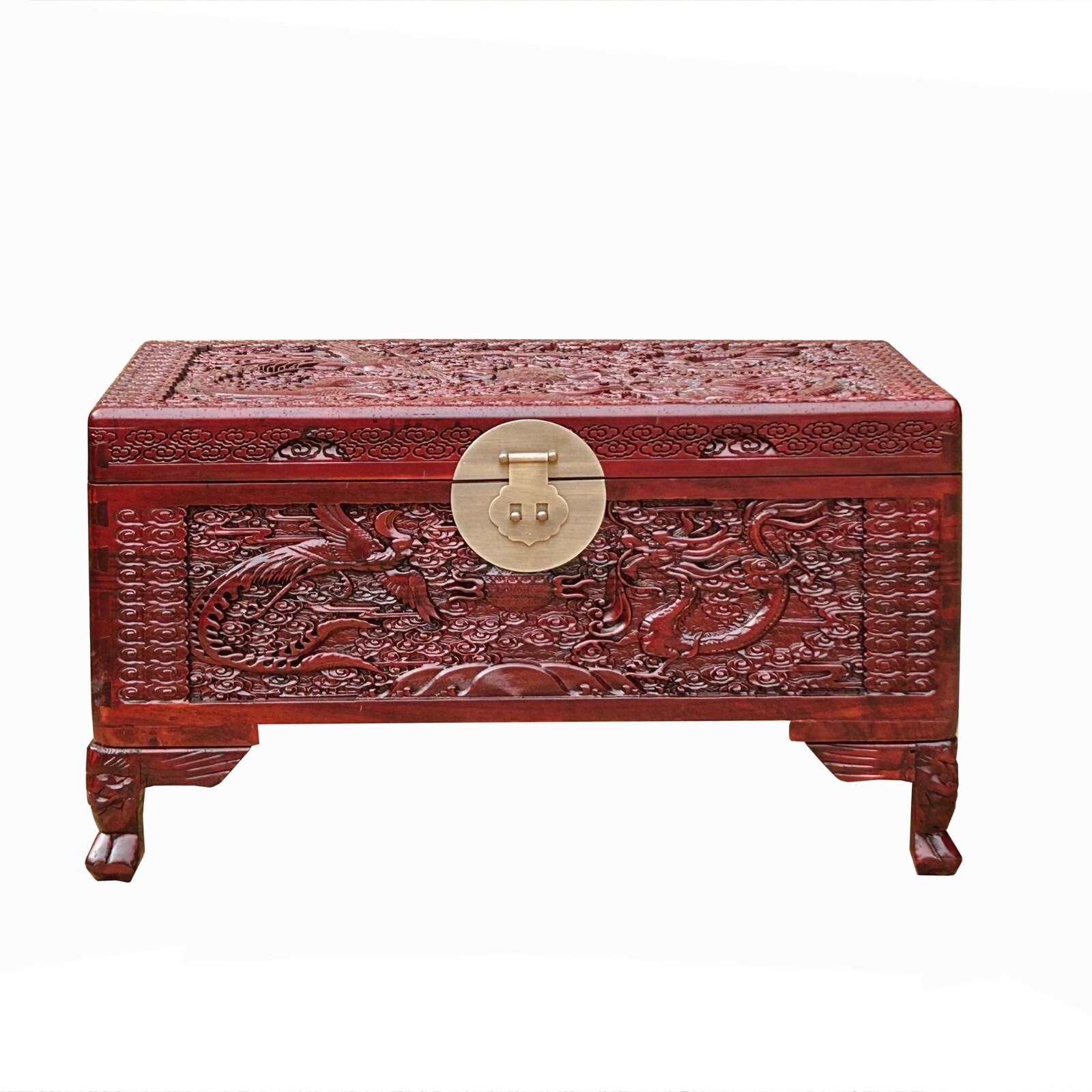 26.5" Small Oriental Brown Phoenix Dragon Carving Camphor Trunk Table cs7714