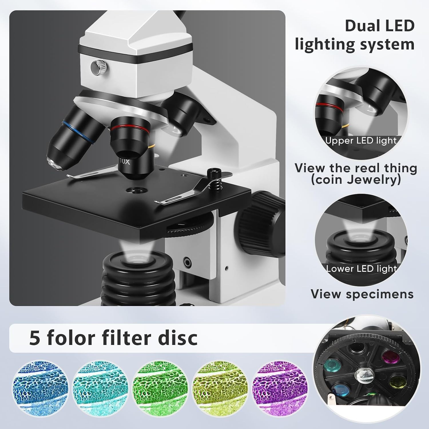 Compound Microscope, 100X-2000X, LED Light, Smartphone Adapter, White