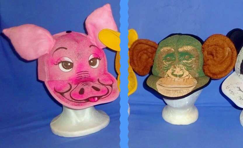 Animal costume baseball hats-zoo caps-pig-monkey-adjustable strap-one size-EUC